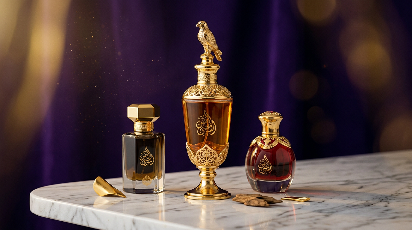 زجاجات عطور فاخرة على رخام لمتجر عطور اونلاين في السعودية