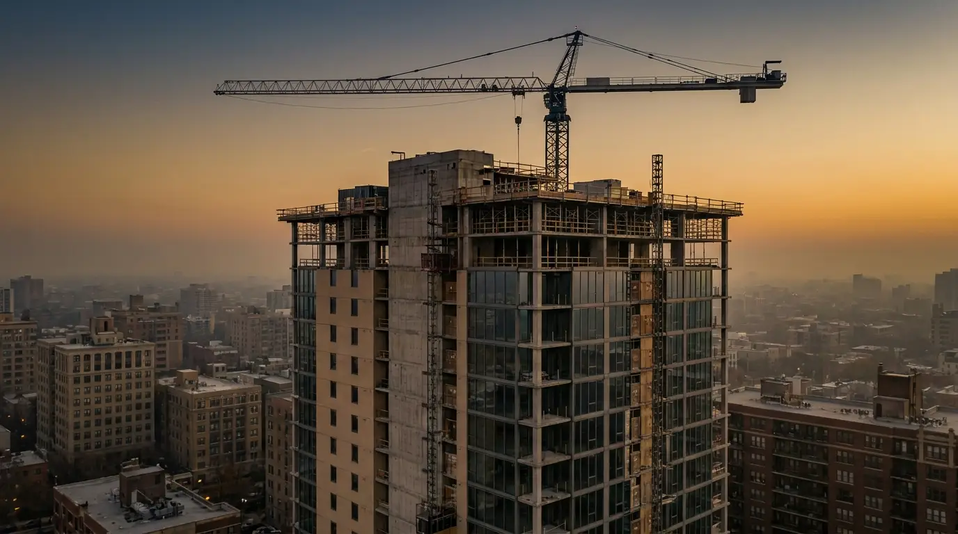 Residential development under construction at golden hour with tower crane