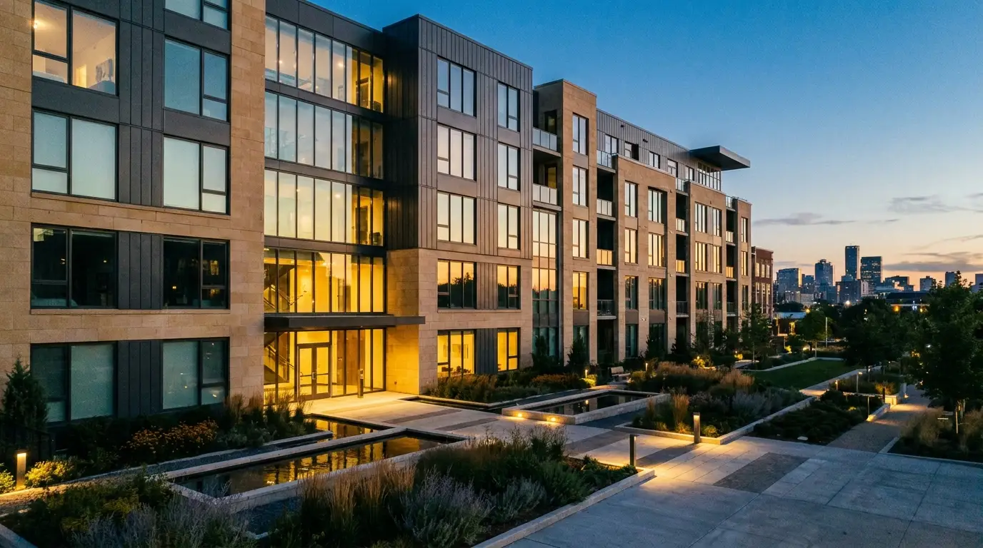 Commercial mixed-use building at dusk, TERAMOK commercial real estate marketing