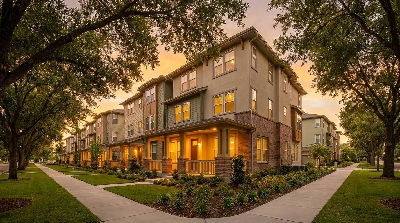 Modern build-to-rent townhome community at golden hour