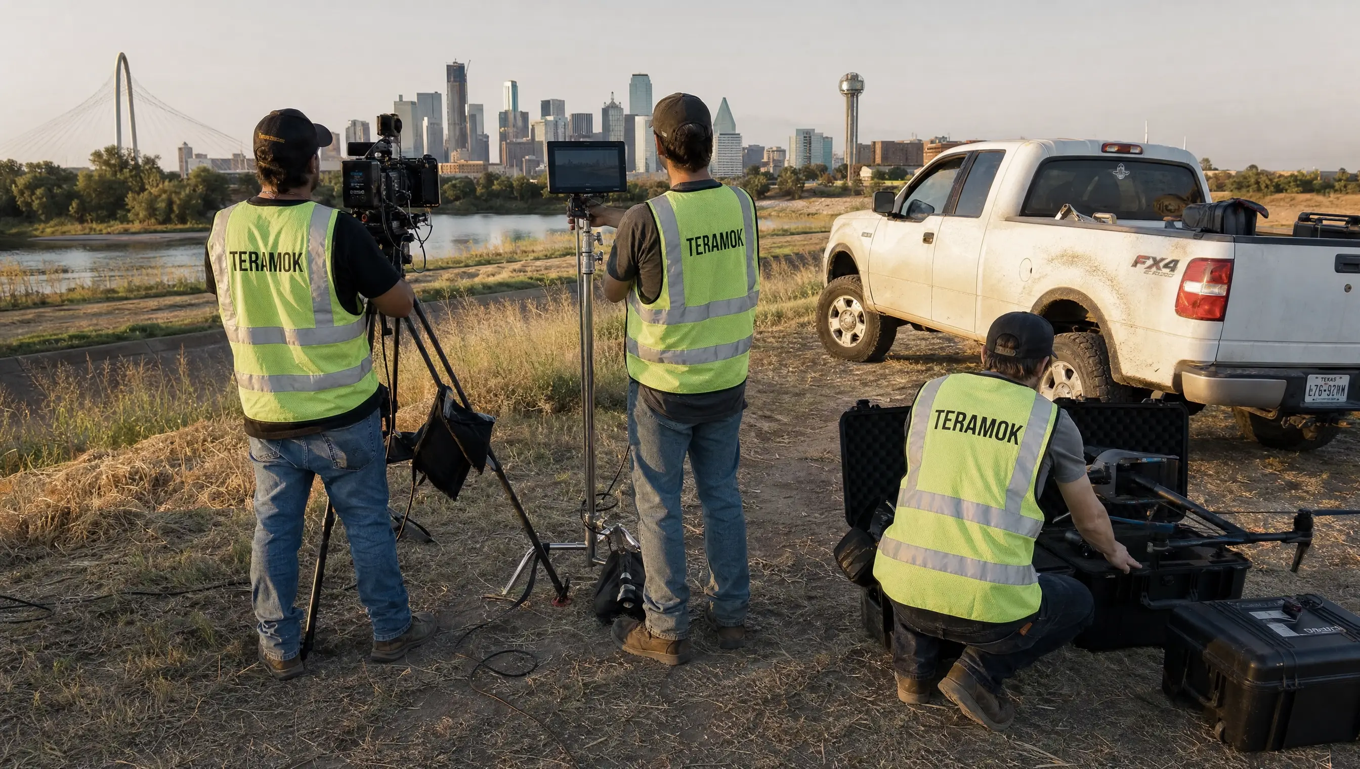 TERAMOK film crew in green safety vests filming the Dallas skyline and Margaret Hunt Hill Bridge from the Trinity River levee at sunset, real estate marketing agency in Dallas