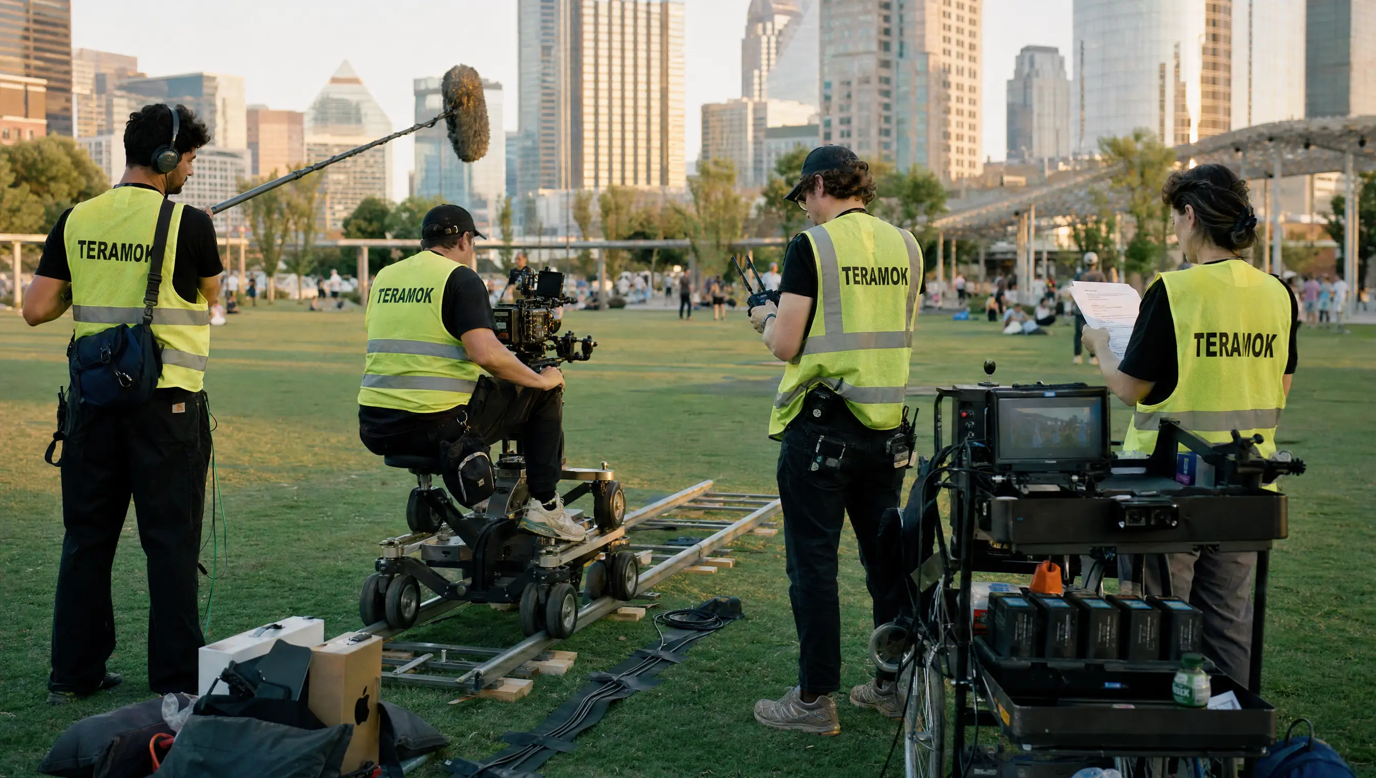 TERAMOK film crew in green safety vests shooting on a dolly track in Klyde Warren Park with the Dallas skyline at golden hour, real estate photographer and videographer in Dallas