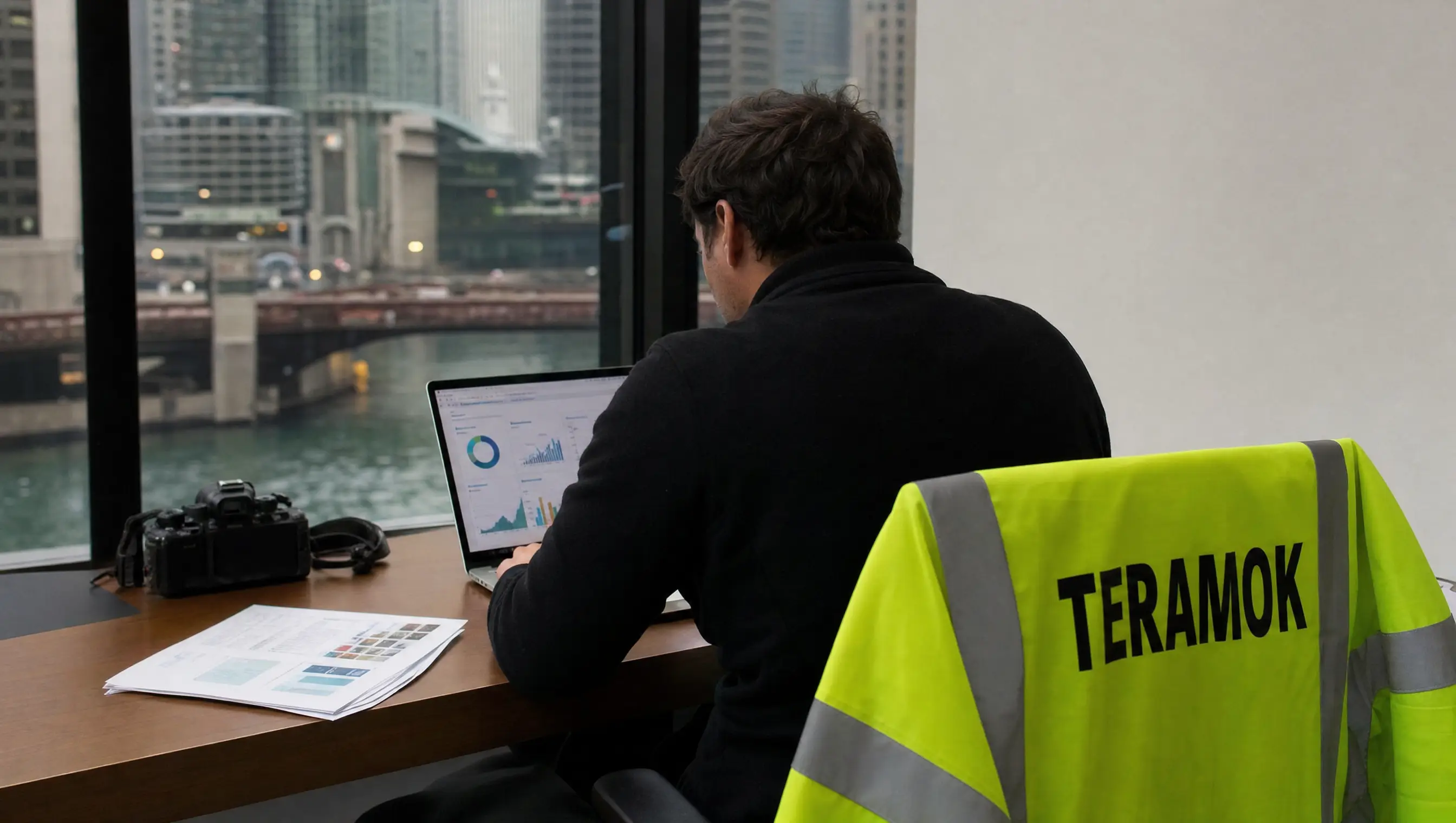 TERAMOK analyst desk with an AI visibility dashboard over the Chicago River, AI visibility report