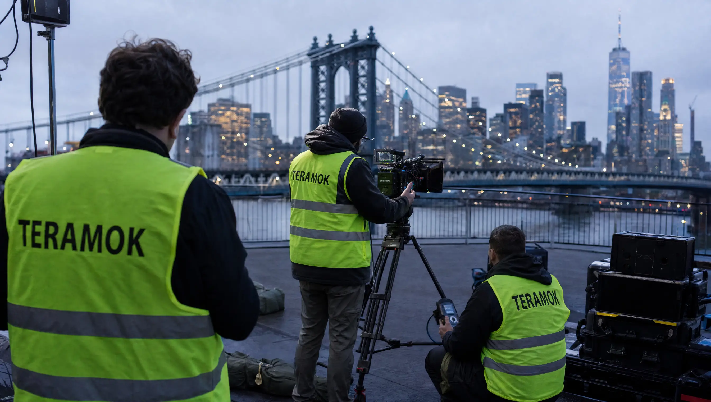 TERAMOK film crew with an ARRI camera on a DUMBO rooftop at blue hour, real estate photographer and video in NYC
