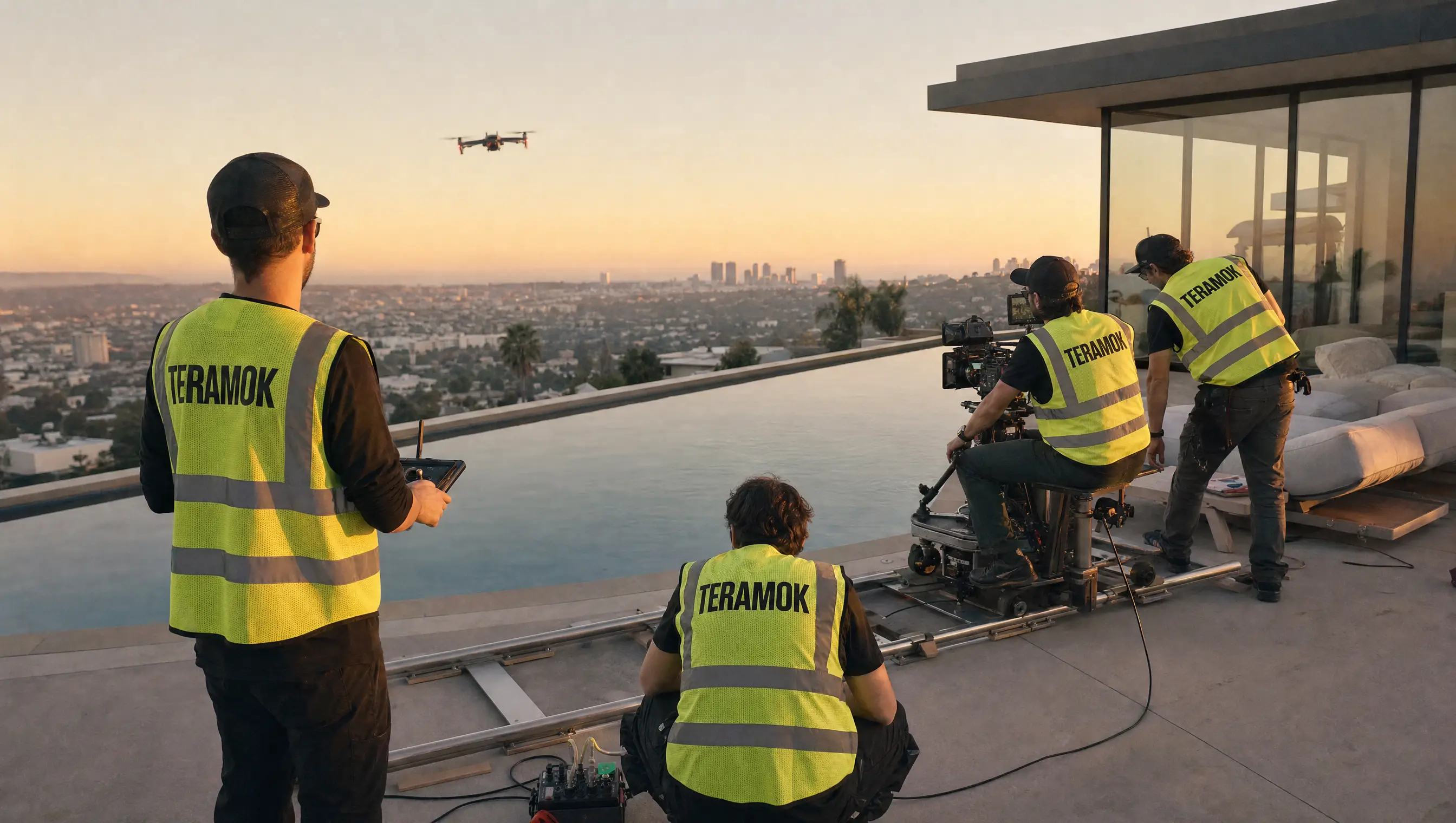 TERAMOK film crew shooting a Hollywood Hills glass house at golden hour, architectural photographer in Los Angeles