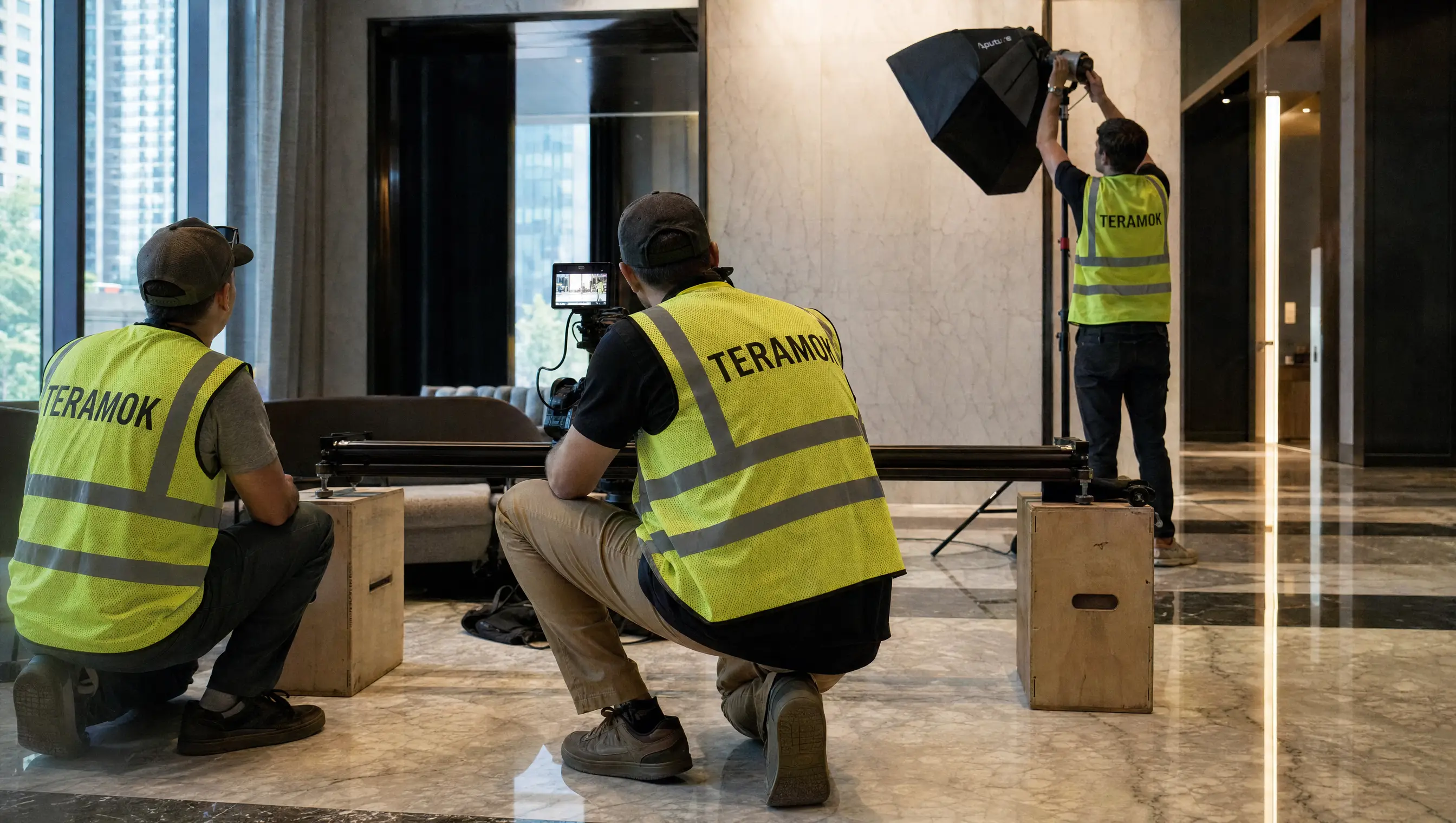 TERAMOK film crew with a slider in a Streeterville Chicago residential lobby, real estate photographer in Chicago