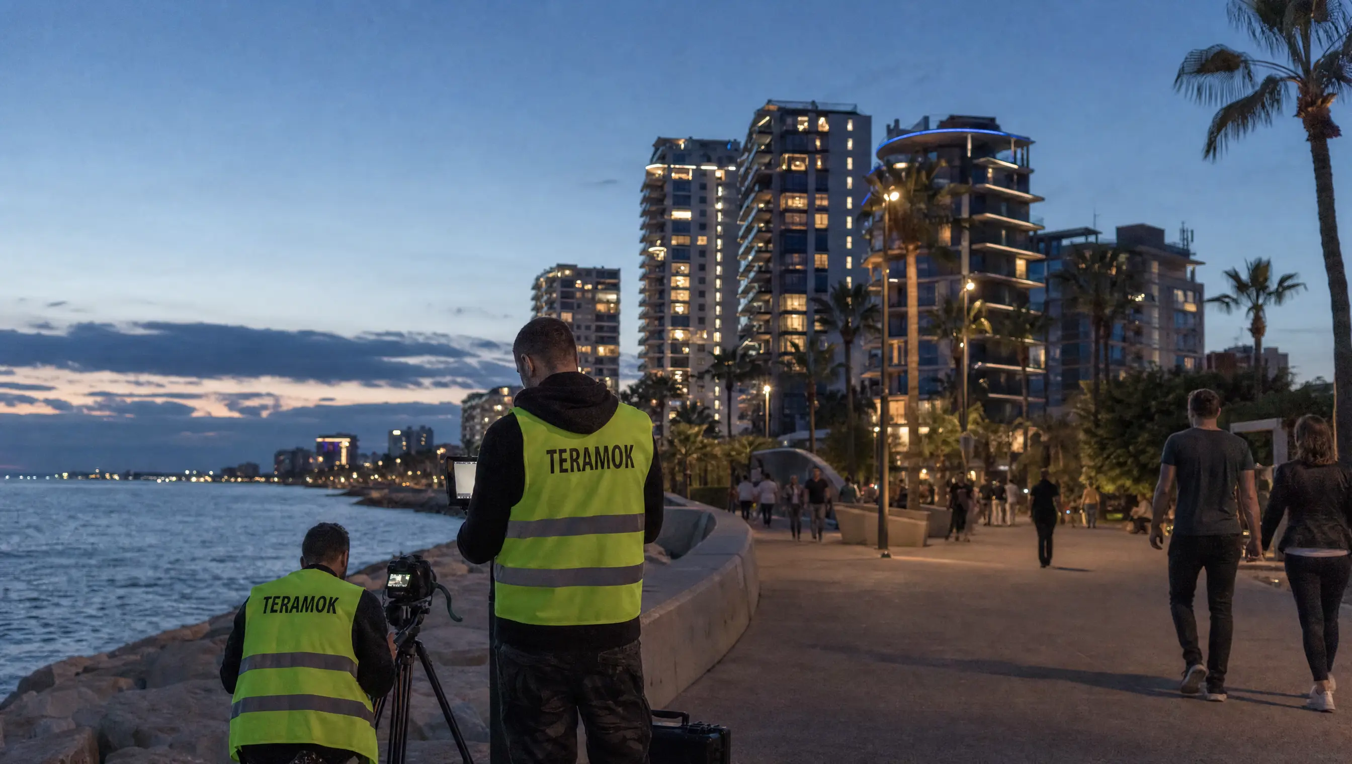 New Limassol residential towers on the Molos promenade at blue hour, filmed by TERAMOK, real estate marketing in Limassol