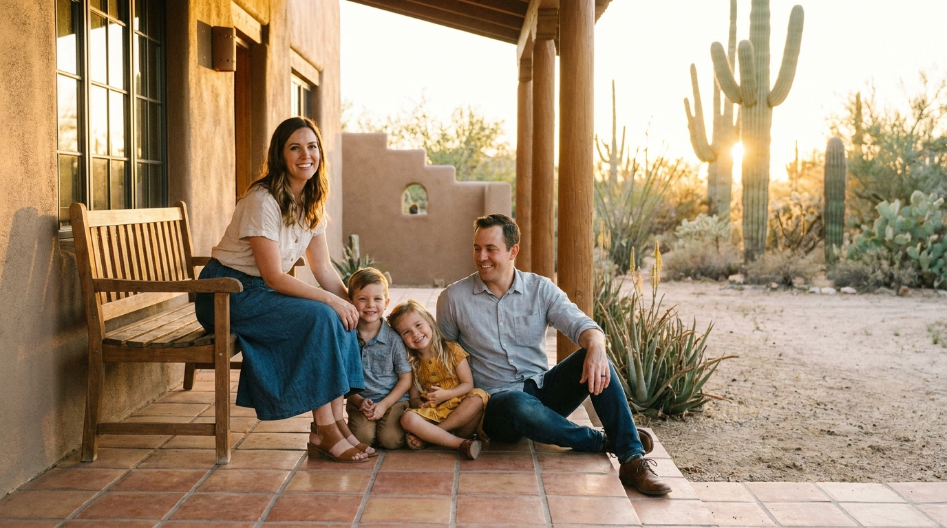 Young Arizona family on porch — term vs whole life insurance planning