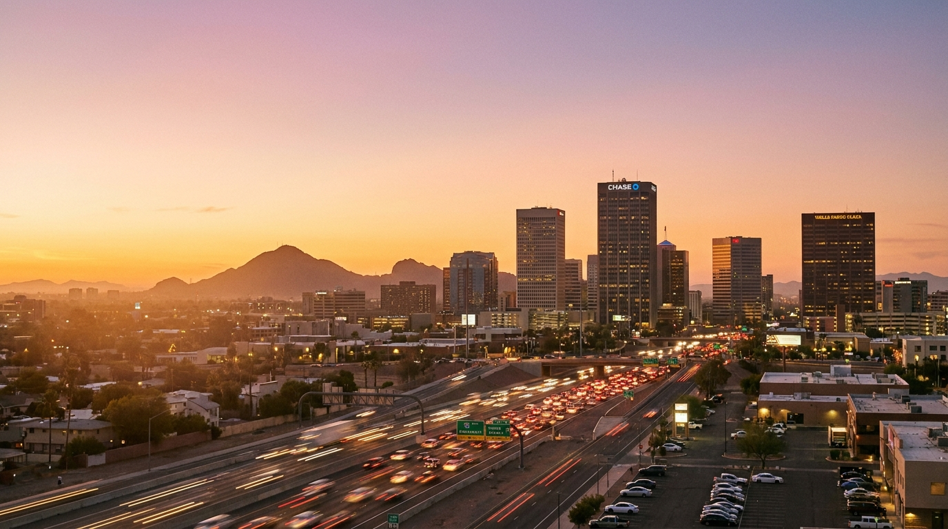 Arizona car insurance cost — Phoenix freeway sunset