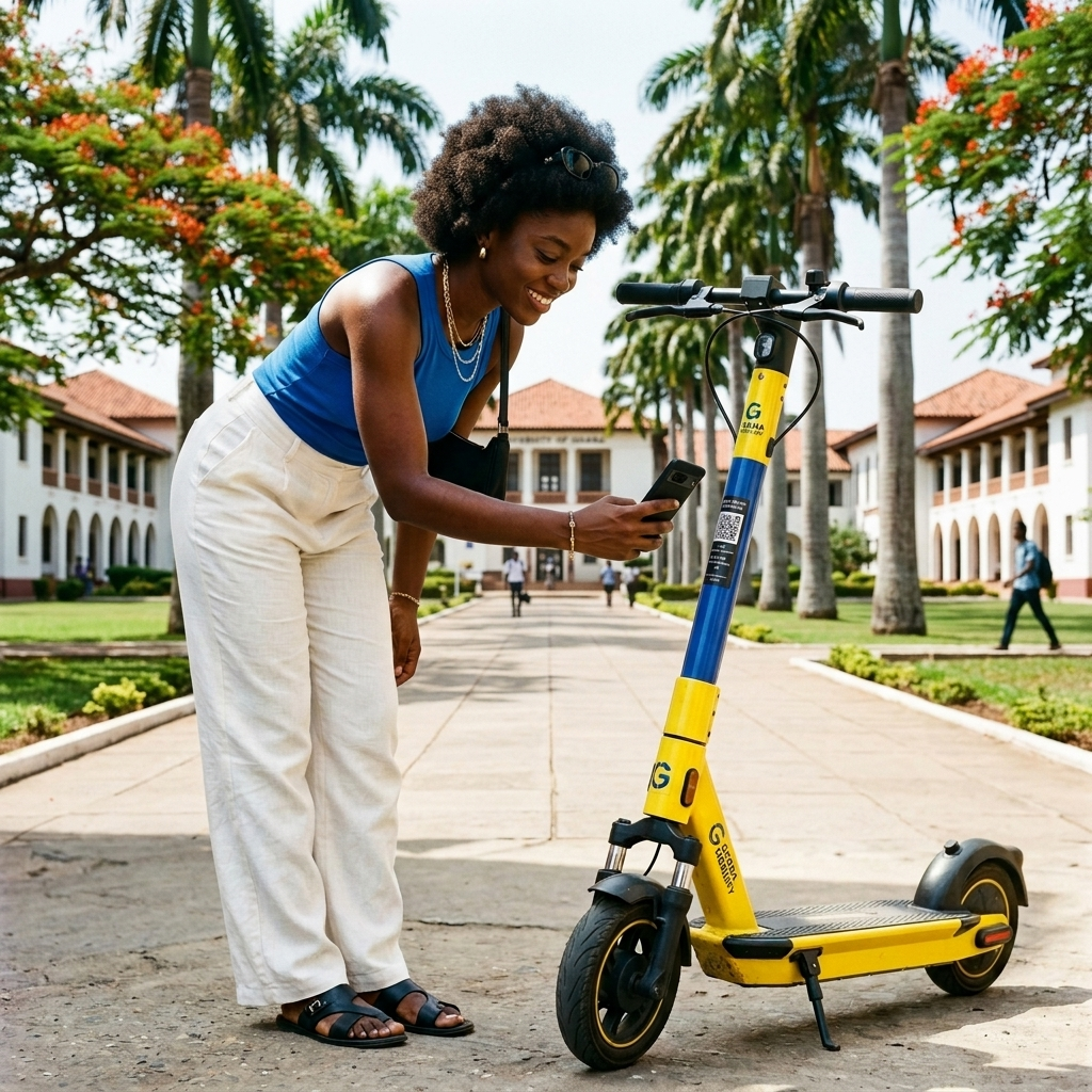 Rider unlocking a GlideGo scooter at University of Ghana Legon
