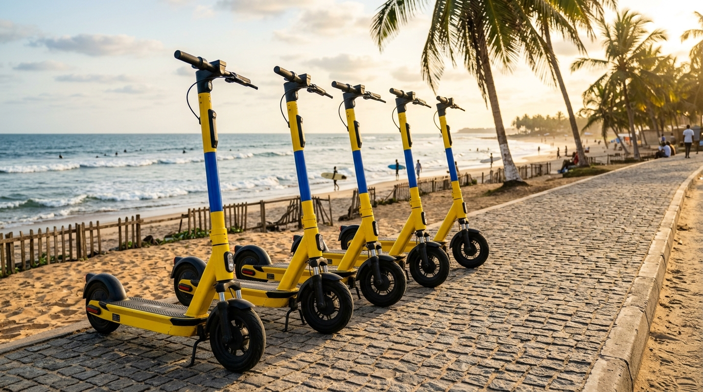GlideGo scooters lined up at Labadi Beach