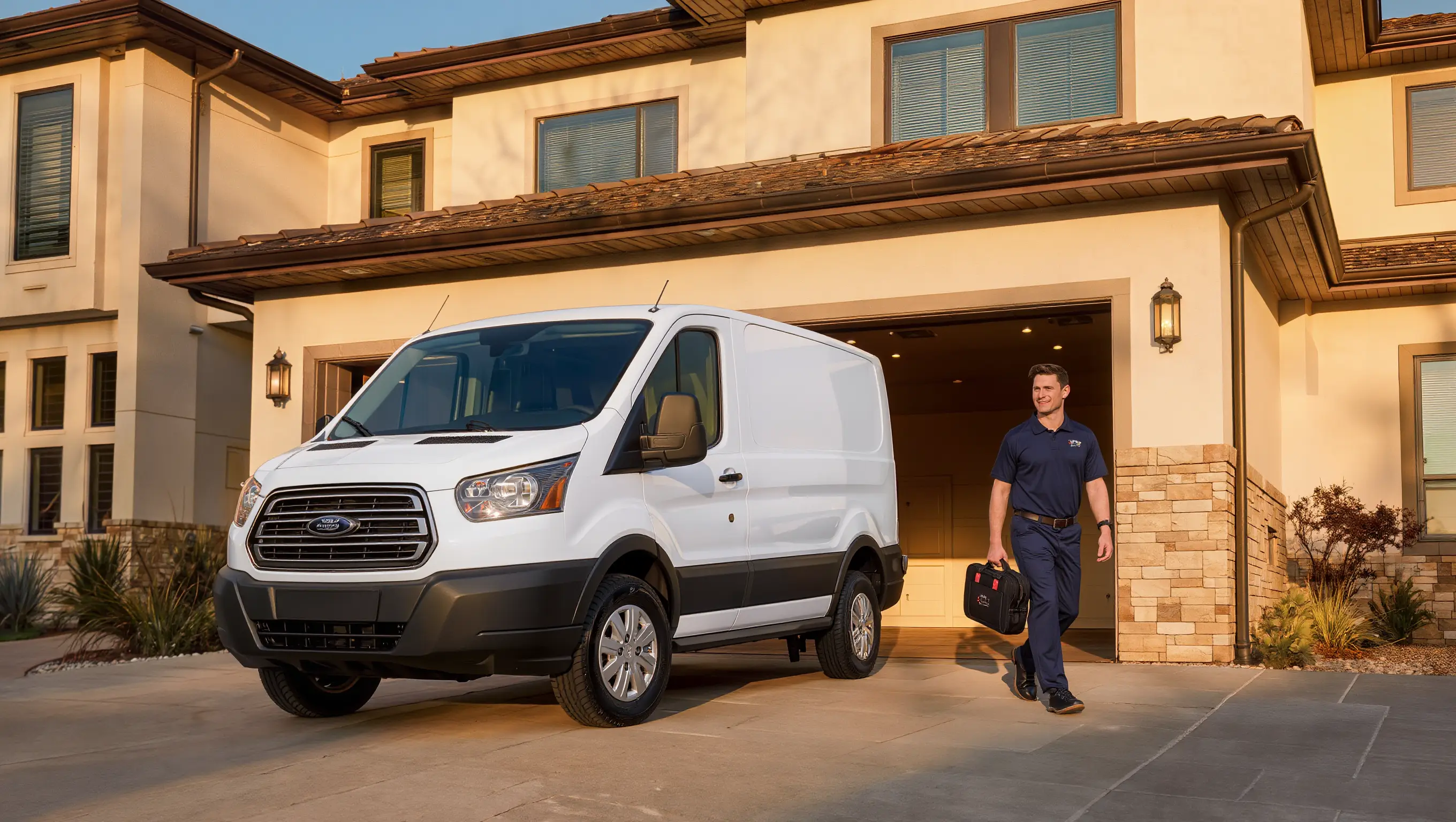 Summit Garage Door technician with service van outside a modern Tampa Bay home