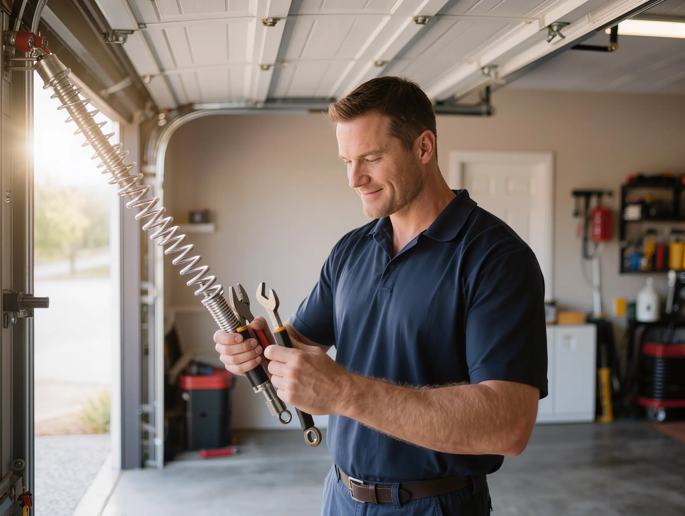 Summit Garage Door technician repairing a torsion spring