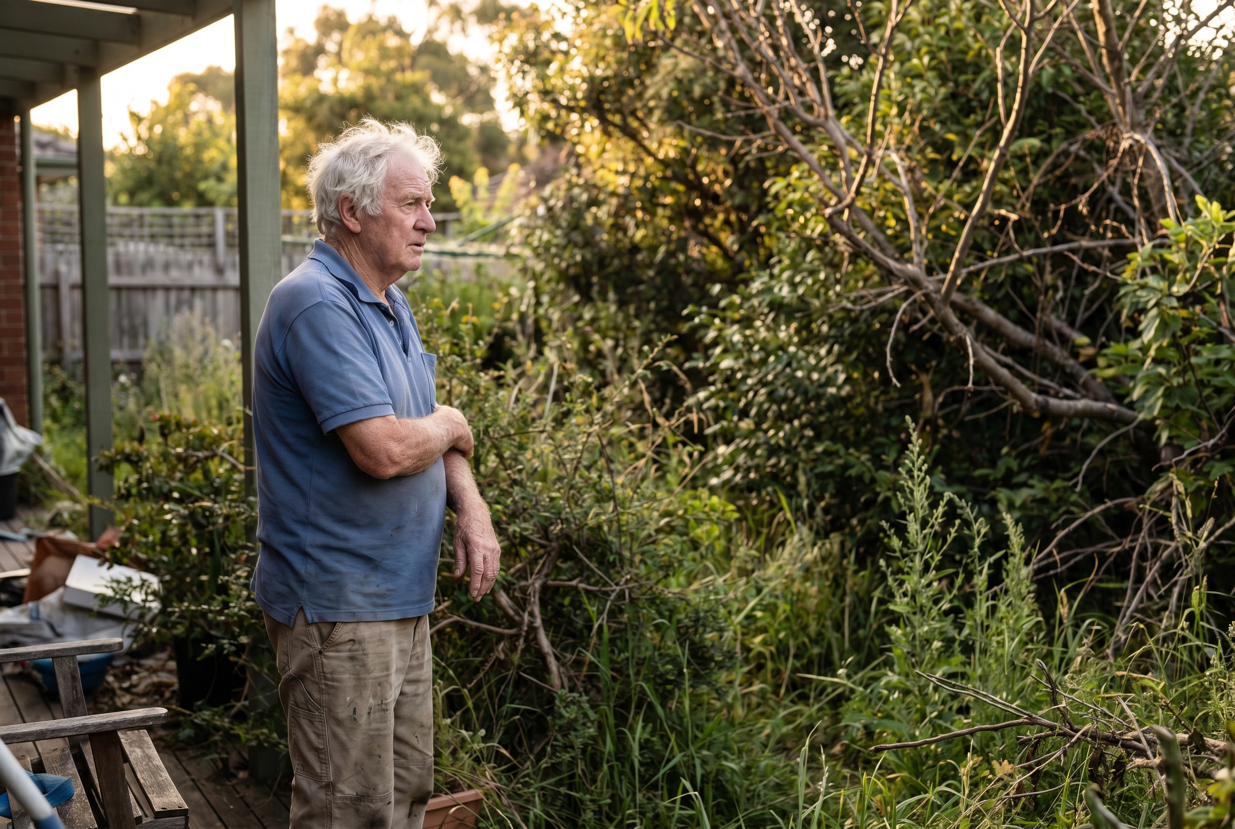 Man in his 80s looking out at his overgrown garden
