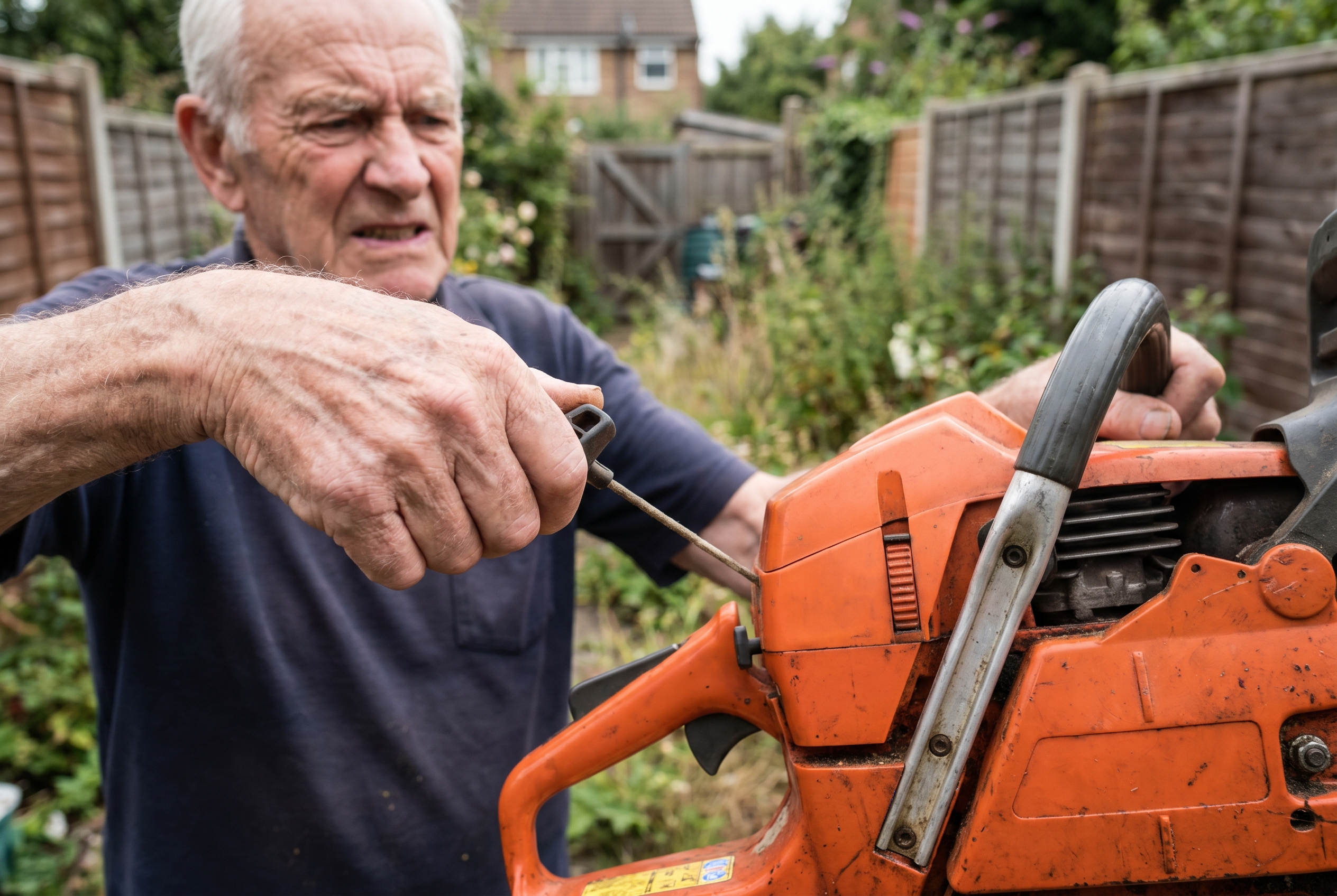 Older hands straining to start a heavy petrol chainsaw