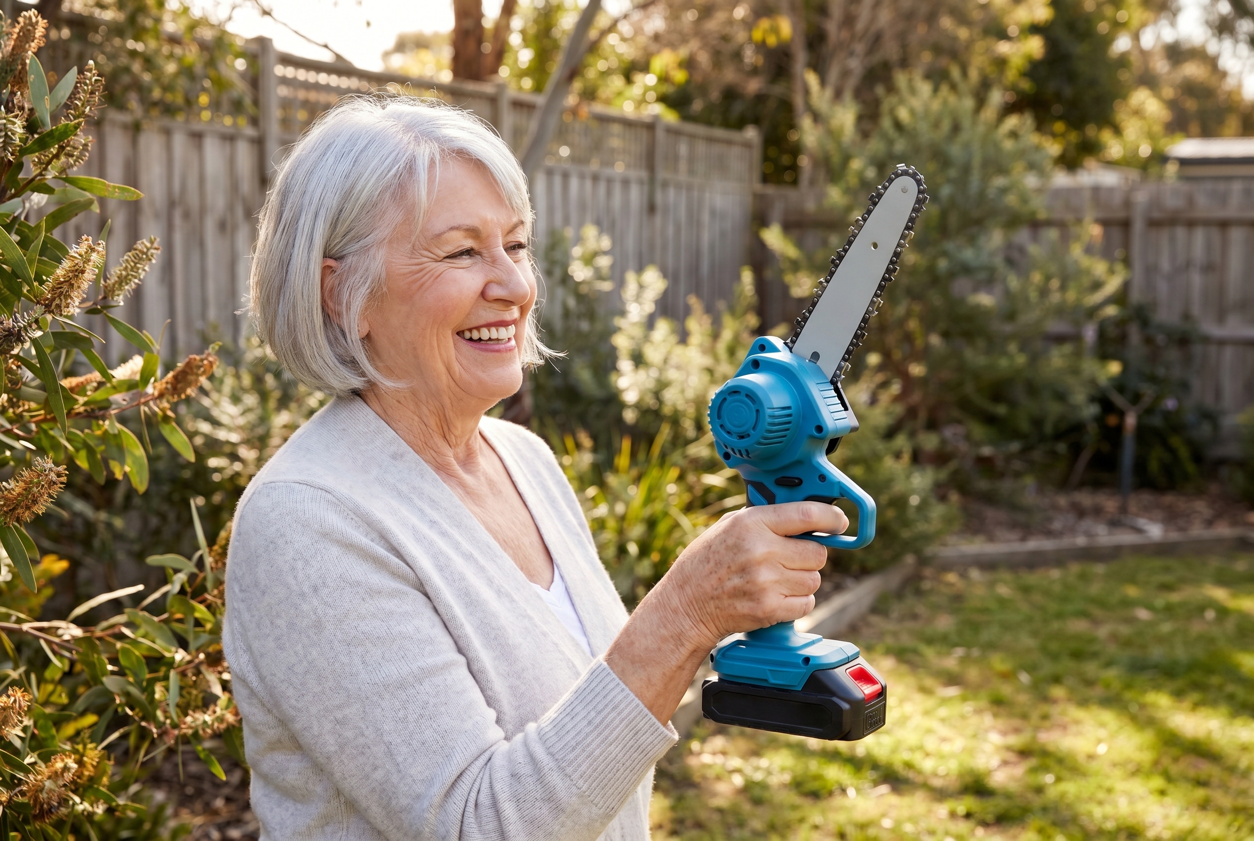 Woman in her 80s holding the 1kg mini chainsaw easily in one hand