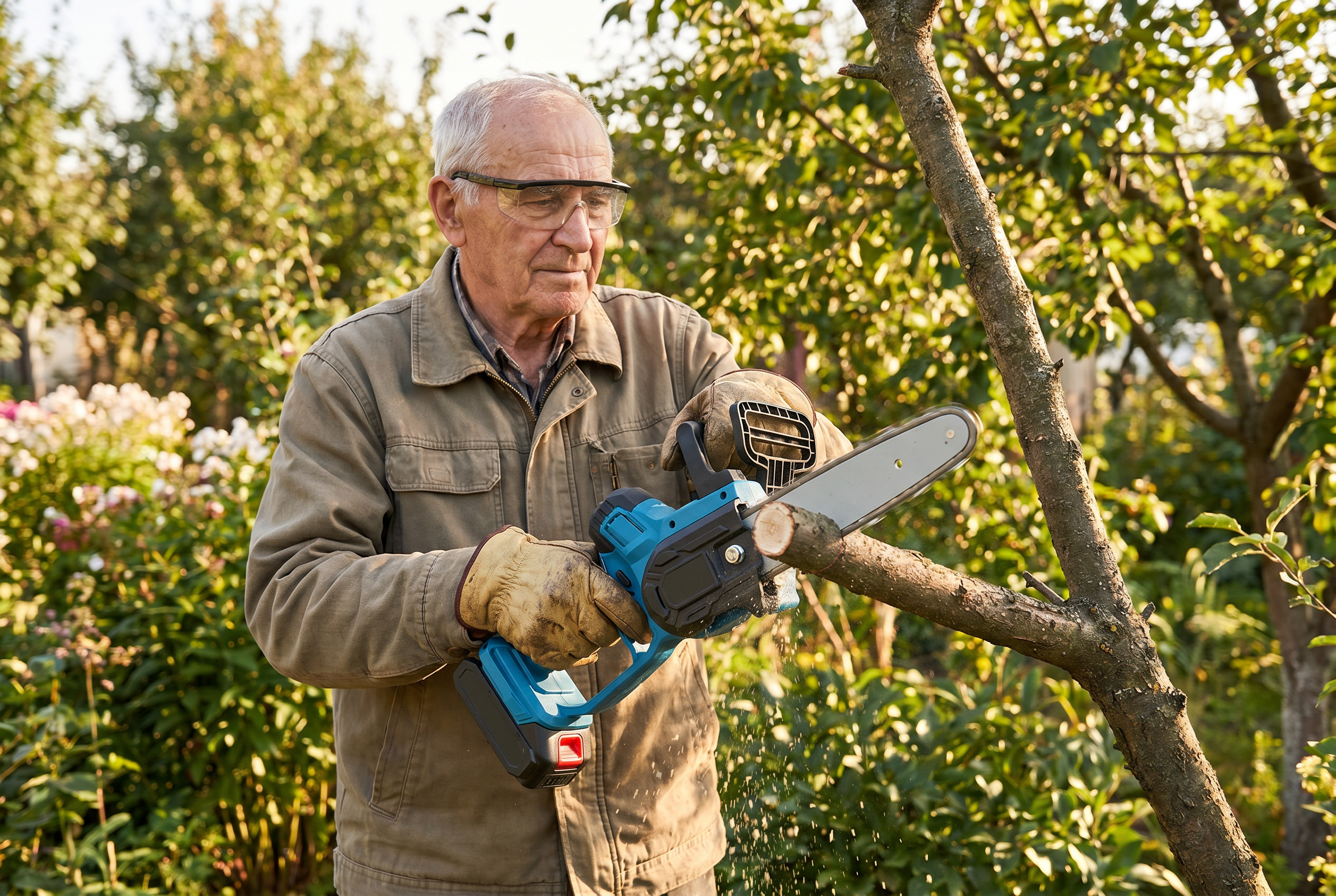 Man in his 80s safely using the mini chainsaw with gloves