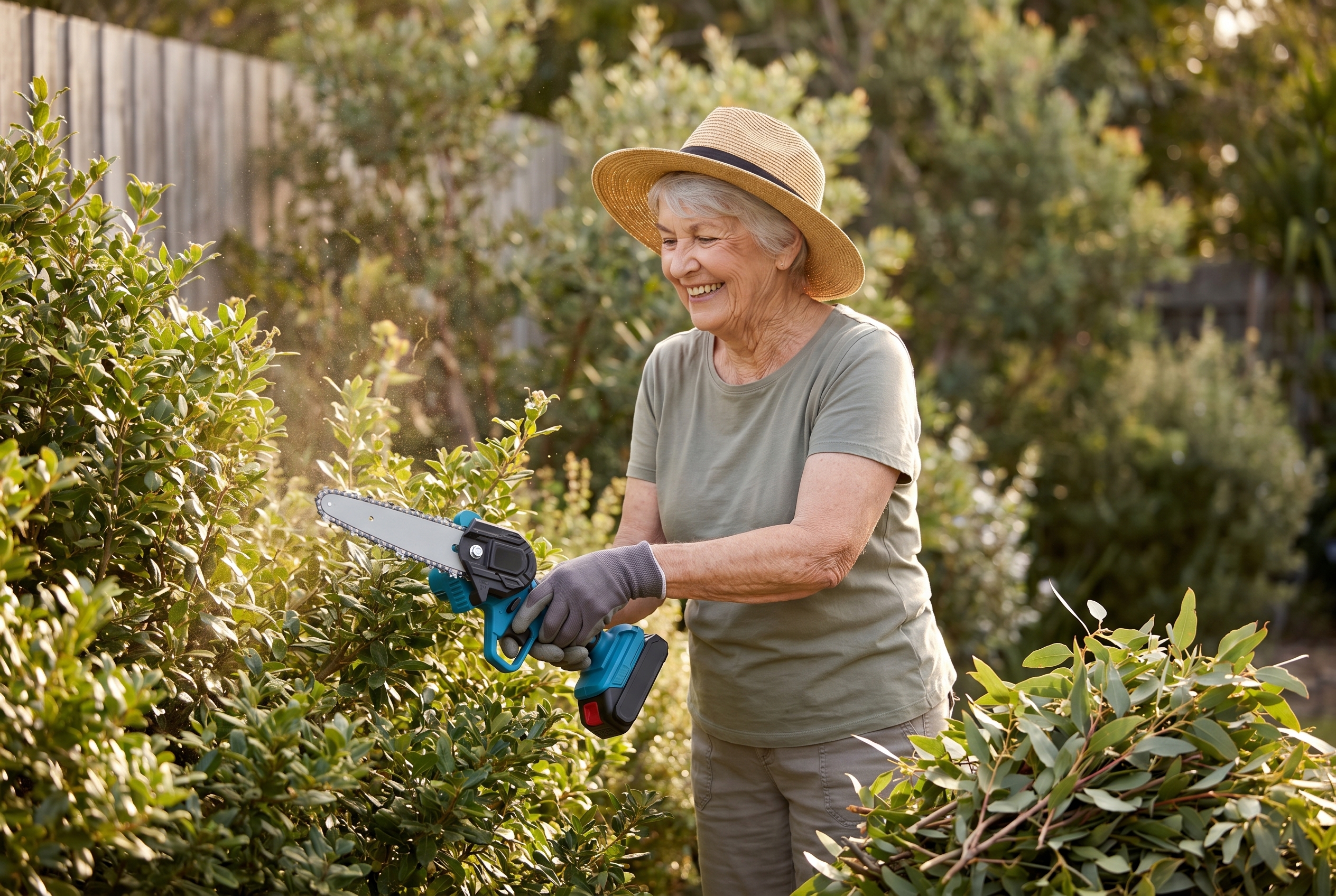 Woman in her 80s pruning comfortably with a pile of trimmed branches beside her