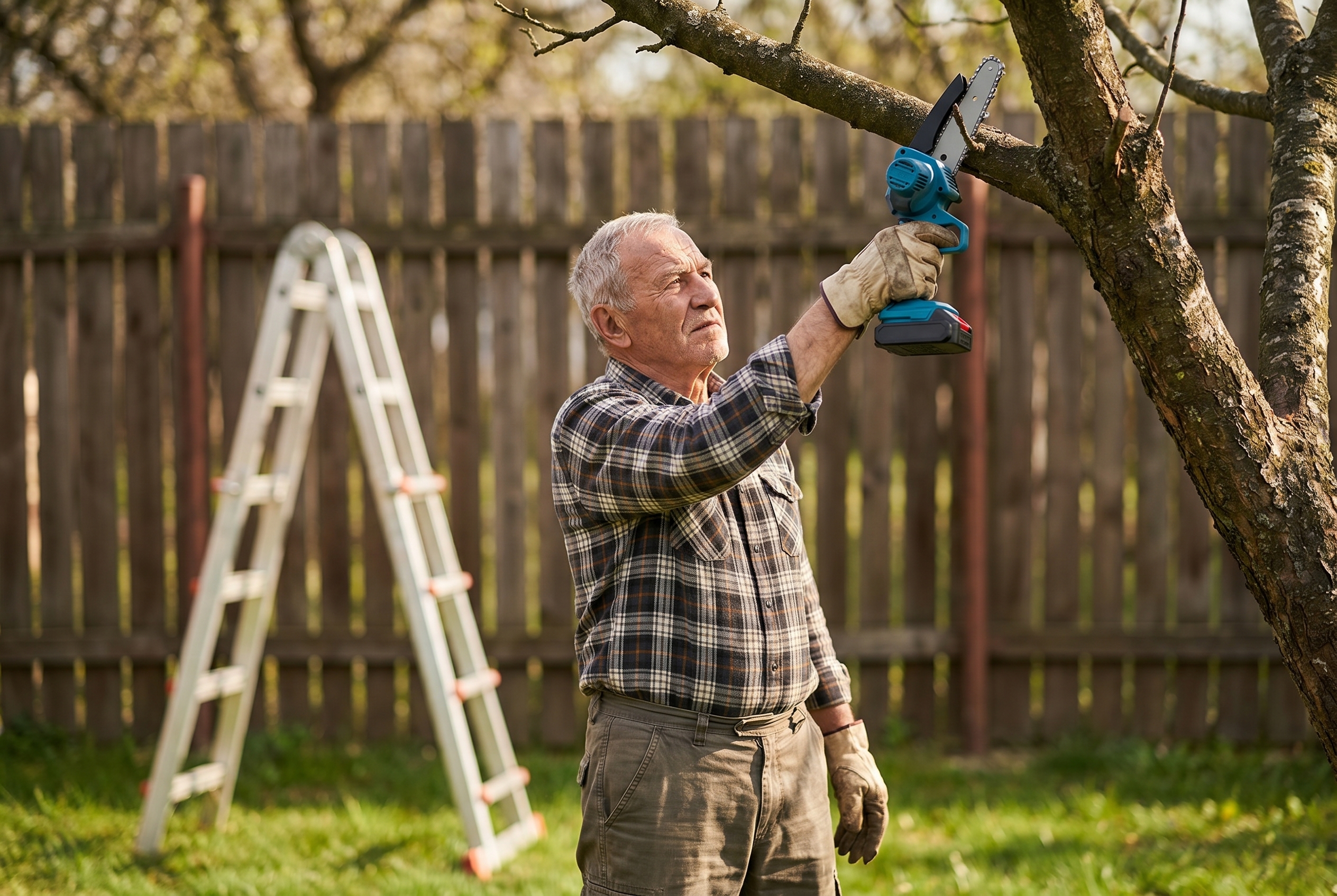 Man in his 80s cutting a high branch from the ground, ladder folded and unused