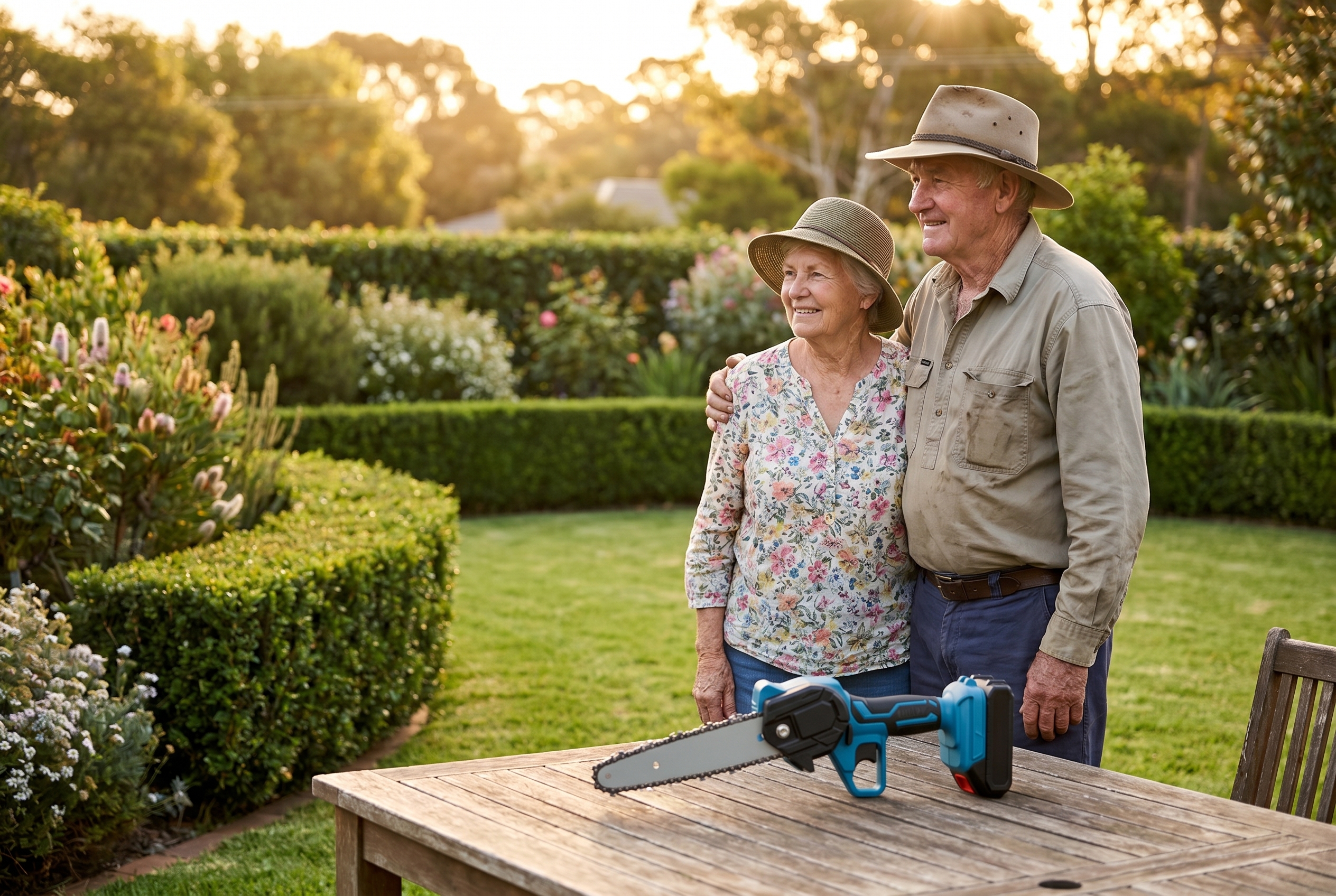Elderly couple admiring their freshly tidied garden at golden hour