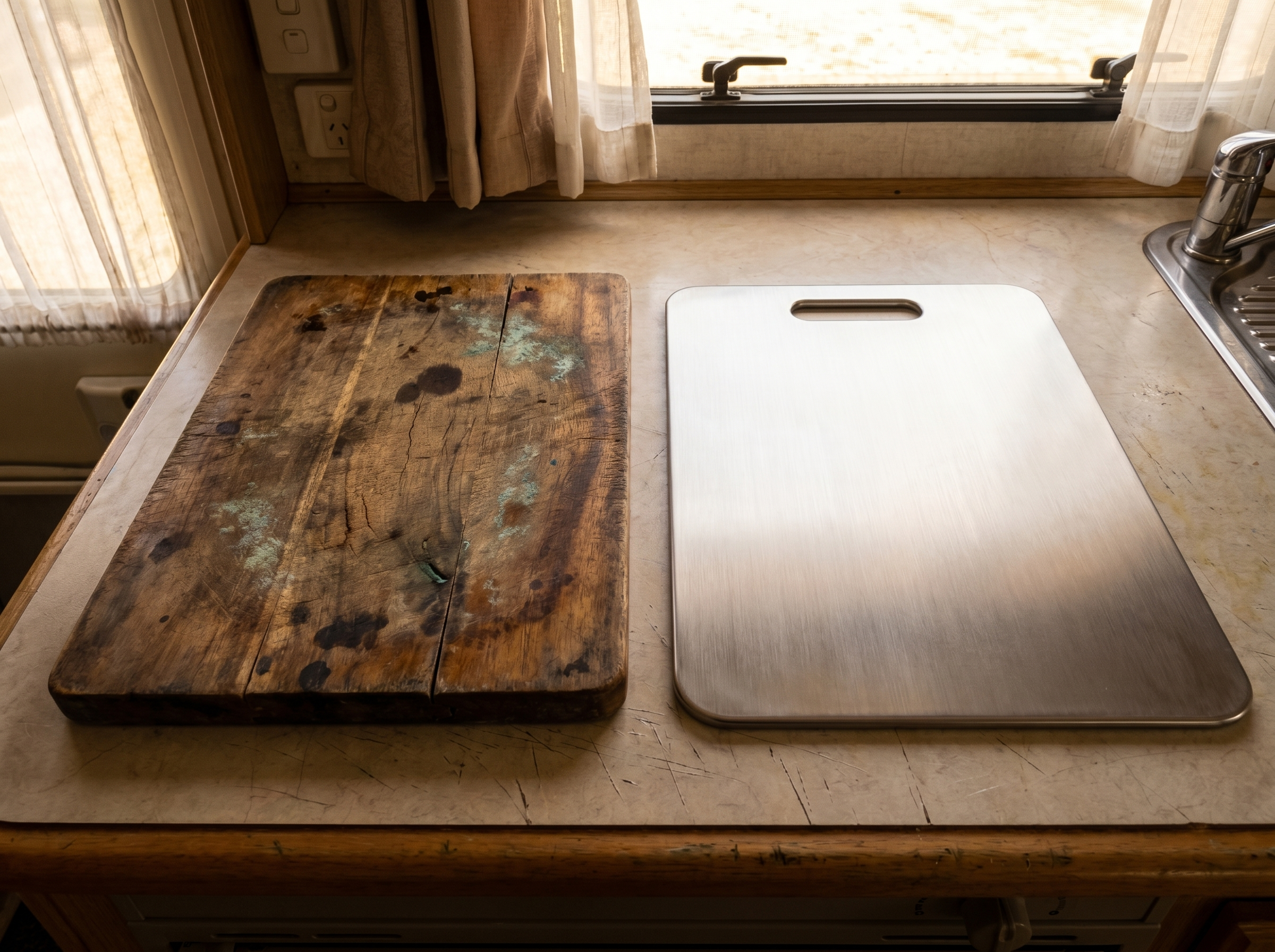 Mouldy wood board next to a clean titanium board