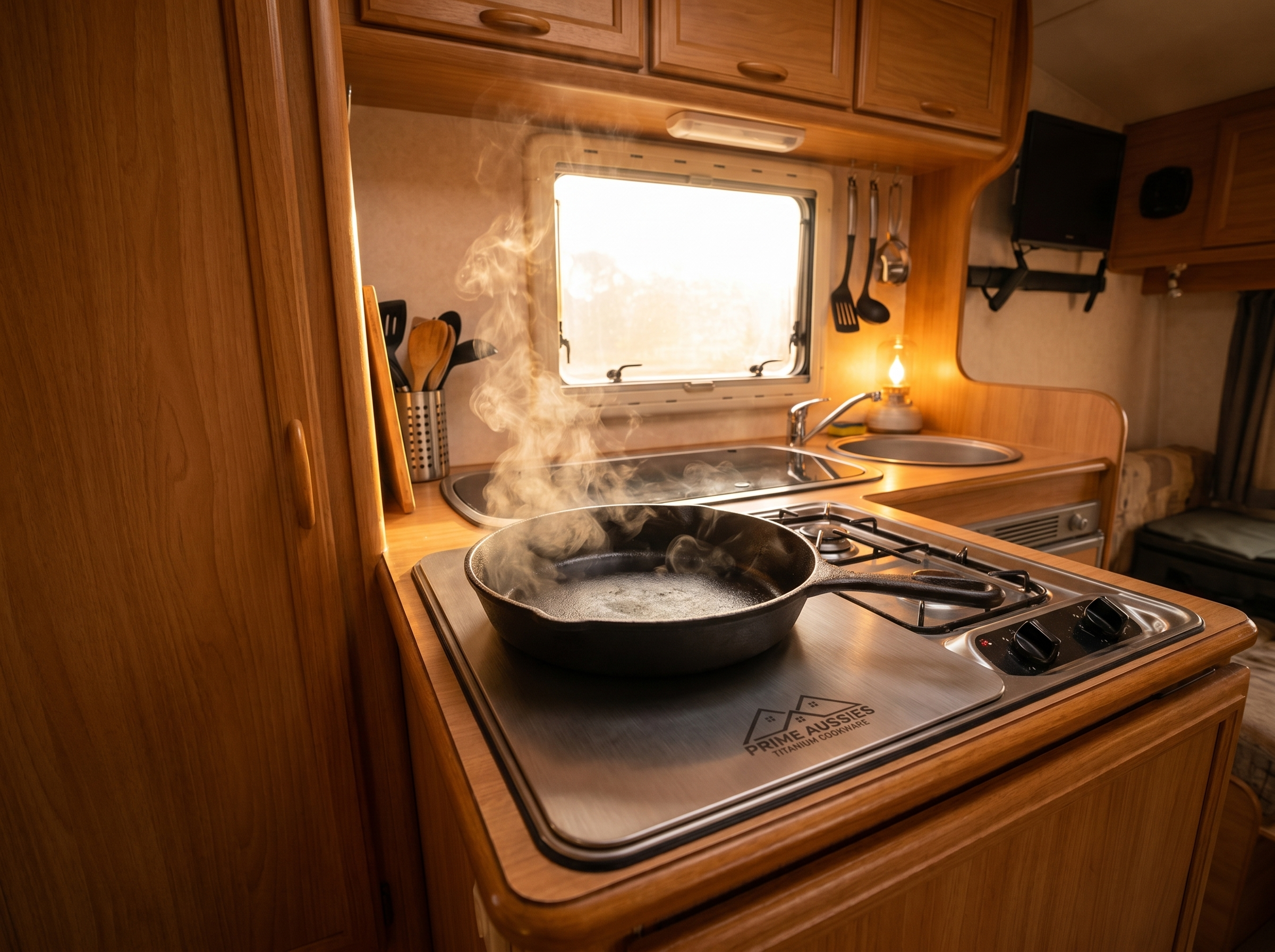 Hot pan resting on the titanium board in a caravan galley