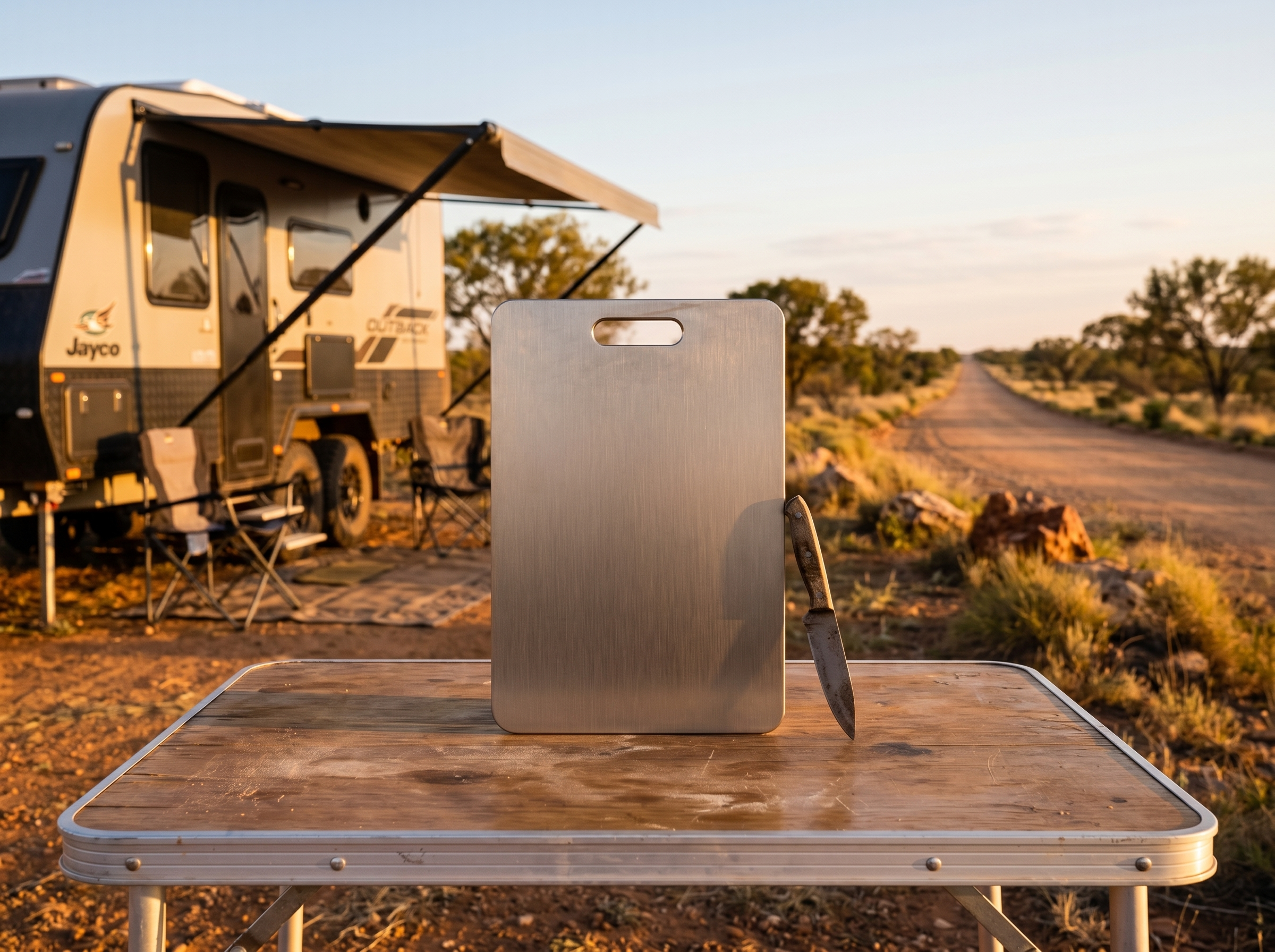 Titanium board with an Australian caravan and the open road behind