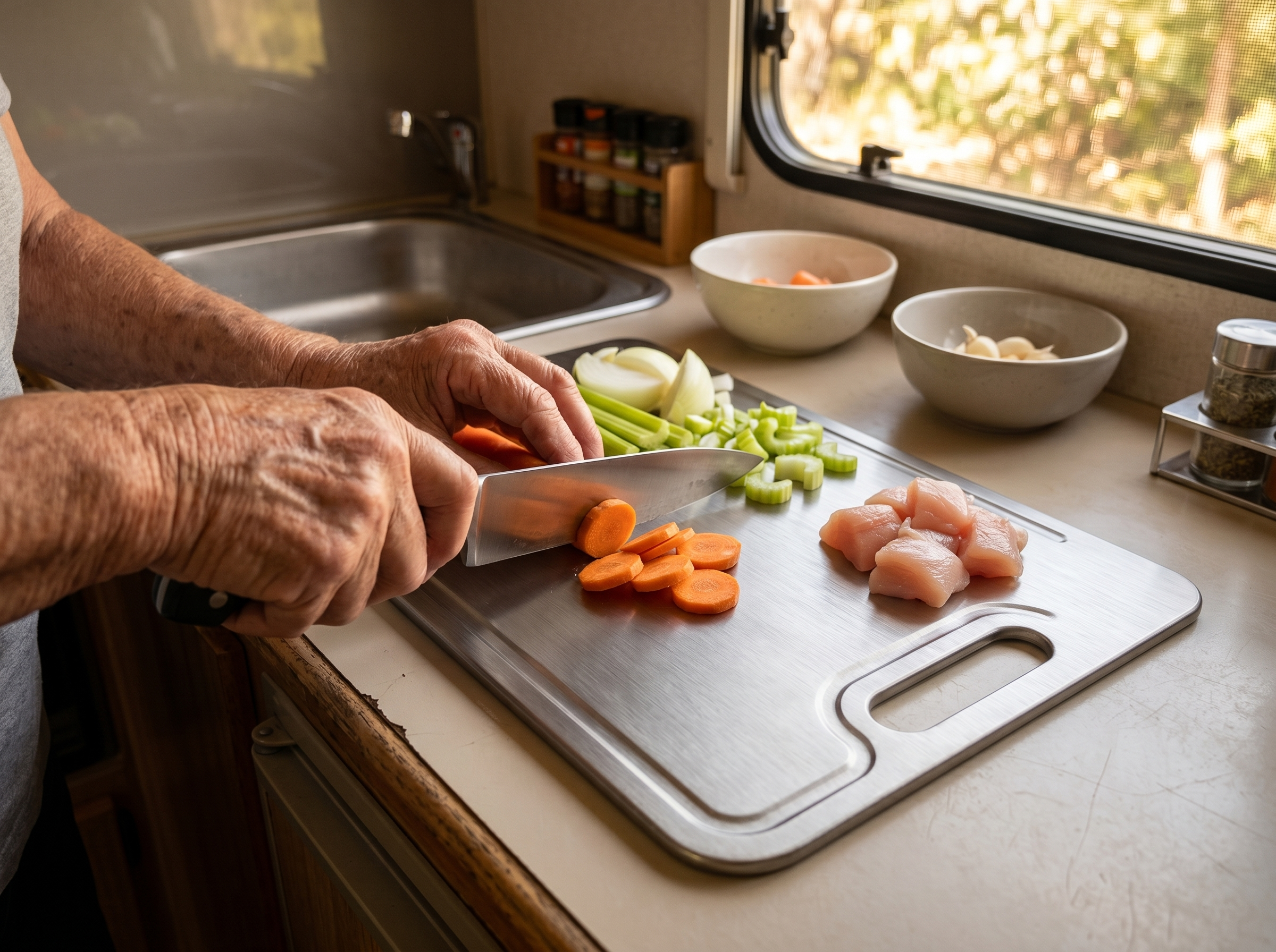 A hand slicing vegetables next to raw chicken on the titanium board