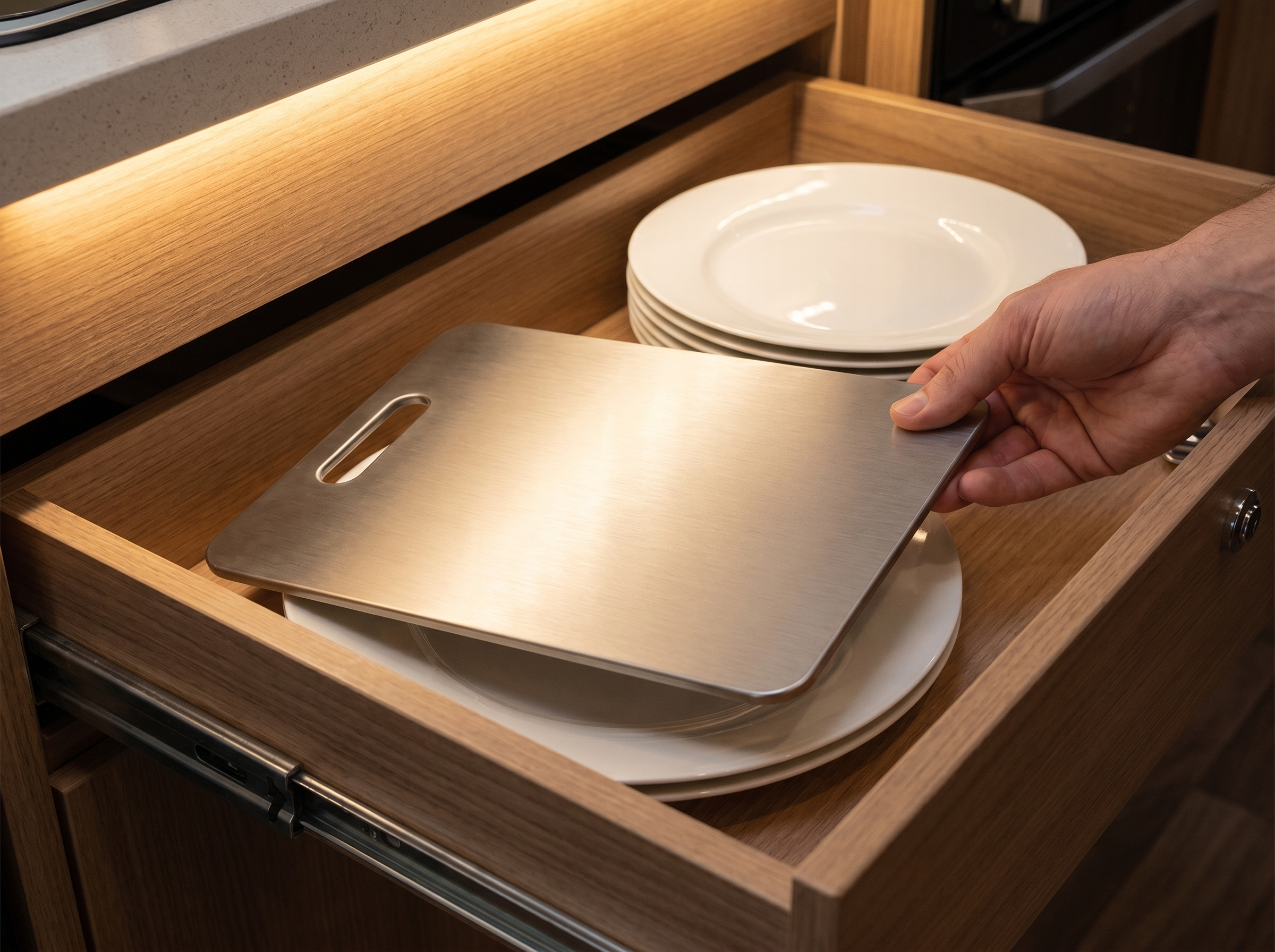 Thin titanium board lying flat, sliding into a caravan drawer