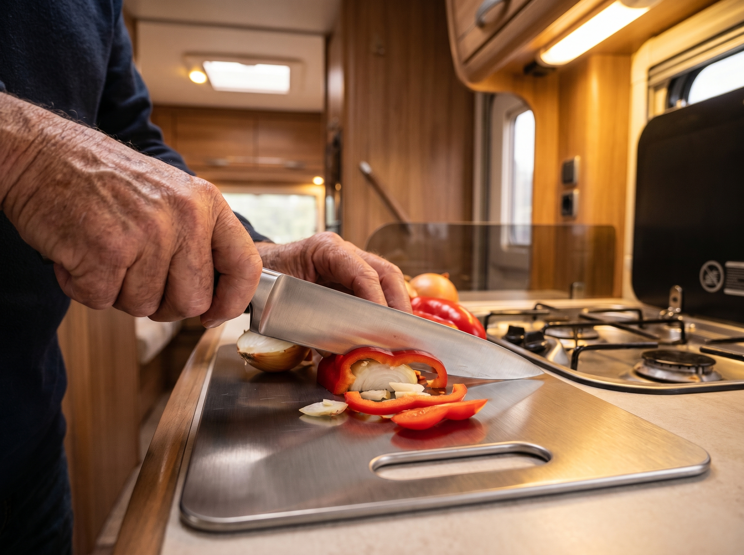 A sharp knife slicing cleanly on the titanium board
