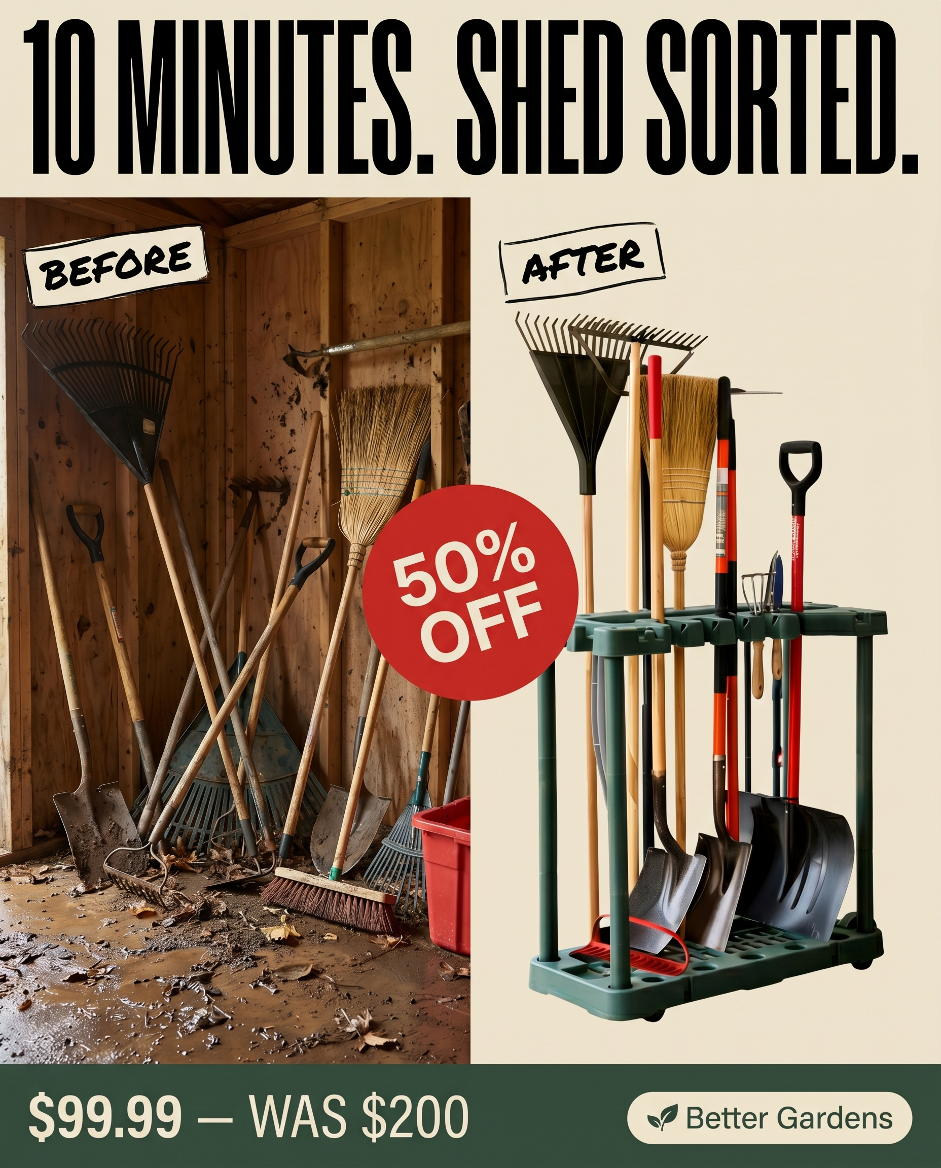 Before and after: messy shed to sorted tool rack