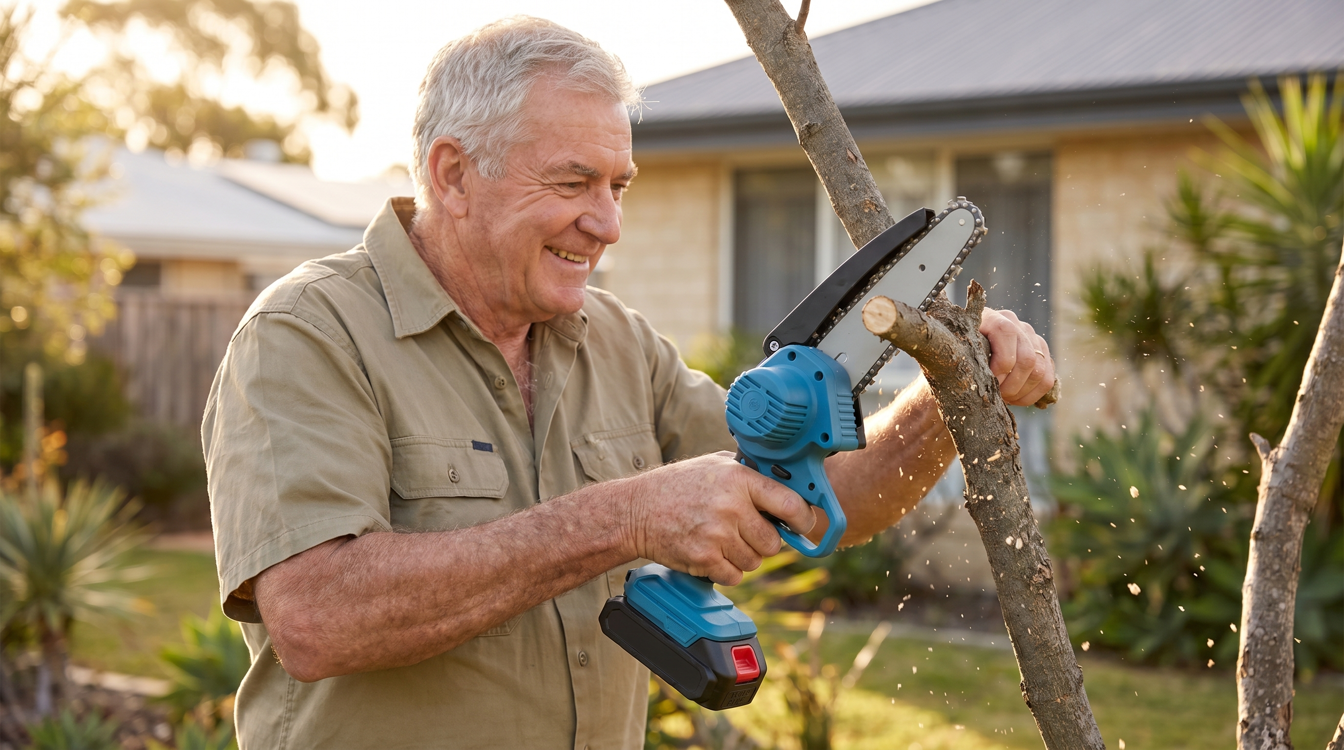 Australian gardener using the Better Gardens mini chainsaw with one hand