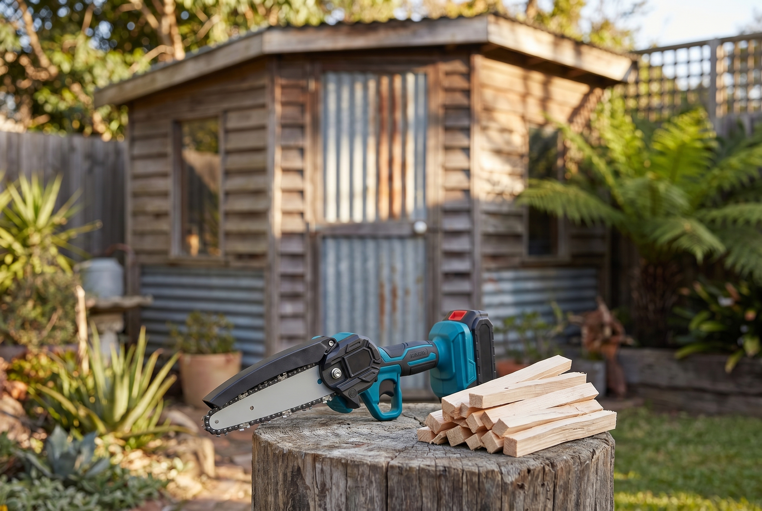 Mini chainsaw beside a pile of fresh-cut kindling