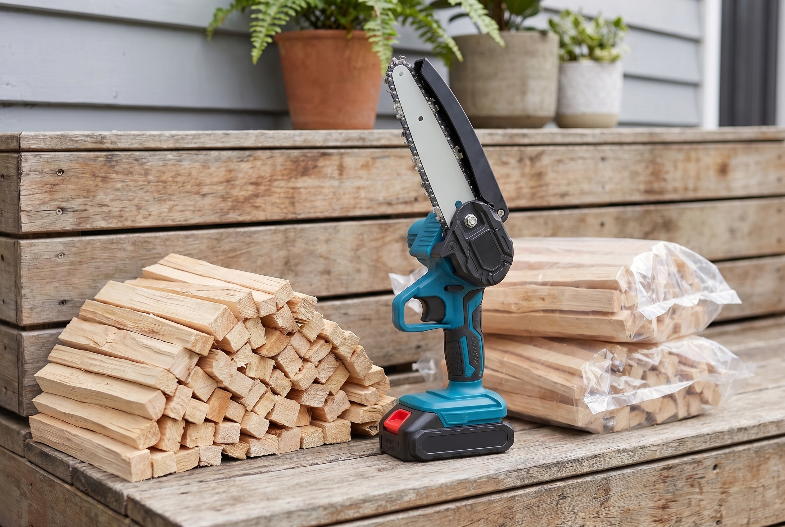 Fresh-cut kindling beside the mini chainsaw next to costly shop-bought bags