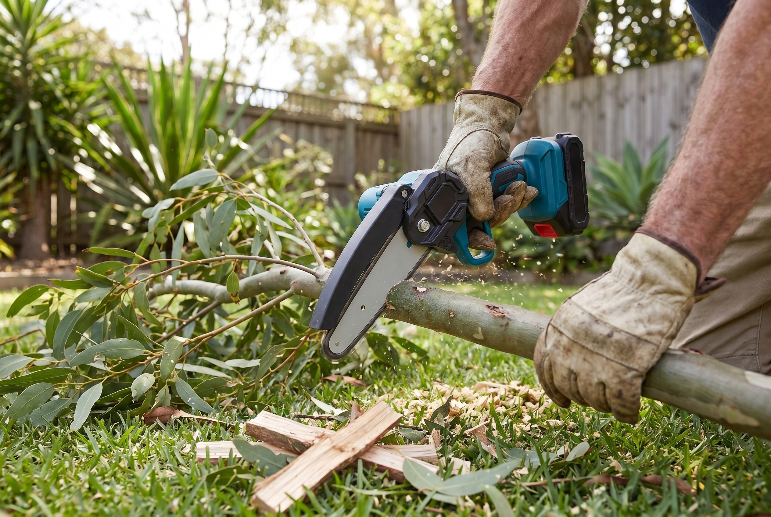 Older hands cutting a fallen branch into kindling with the mini chainsaw