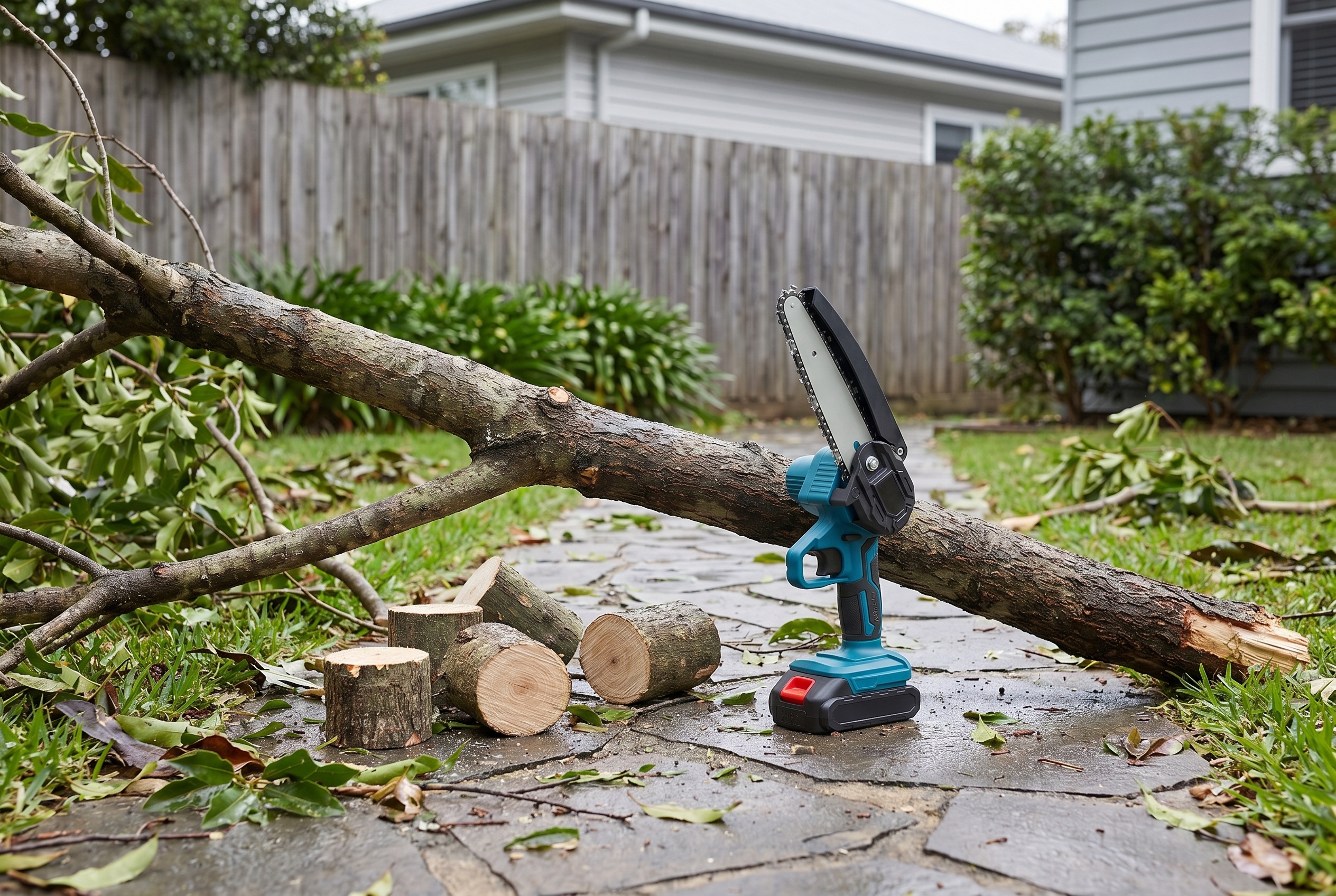 Mini chainsaw cutting a storm-fallen branch on a backyard path