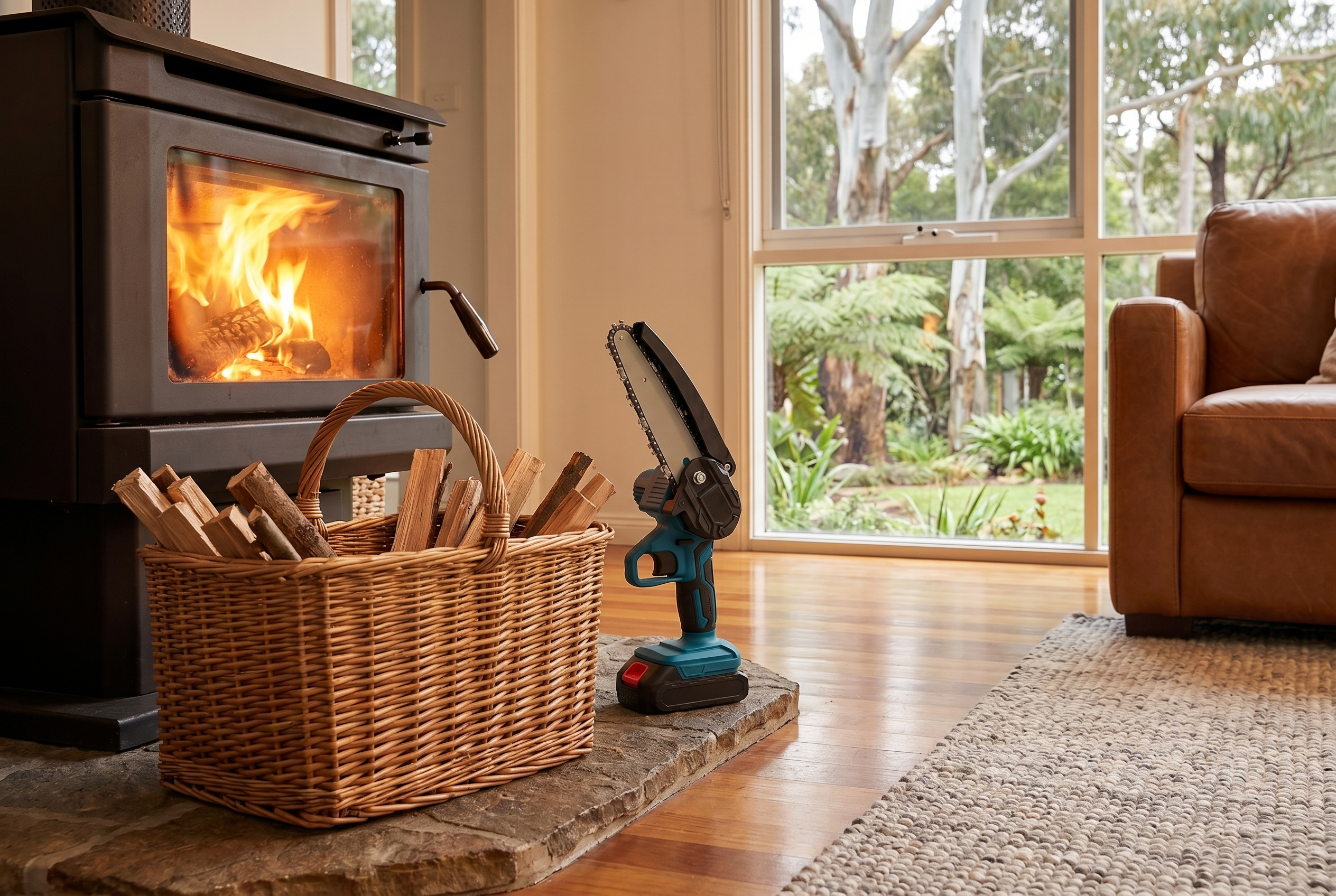 Cosy wood heater with a basket of kindling and the mini chainsaw on the hearth
