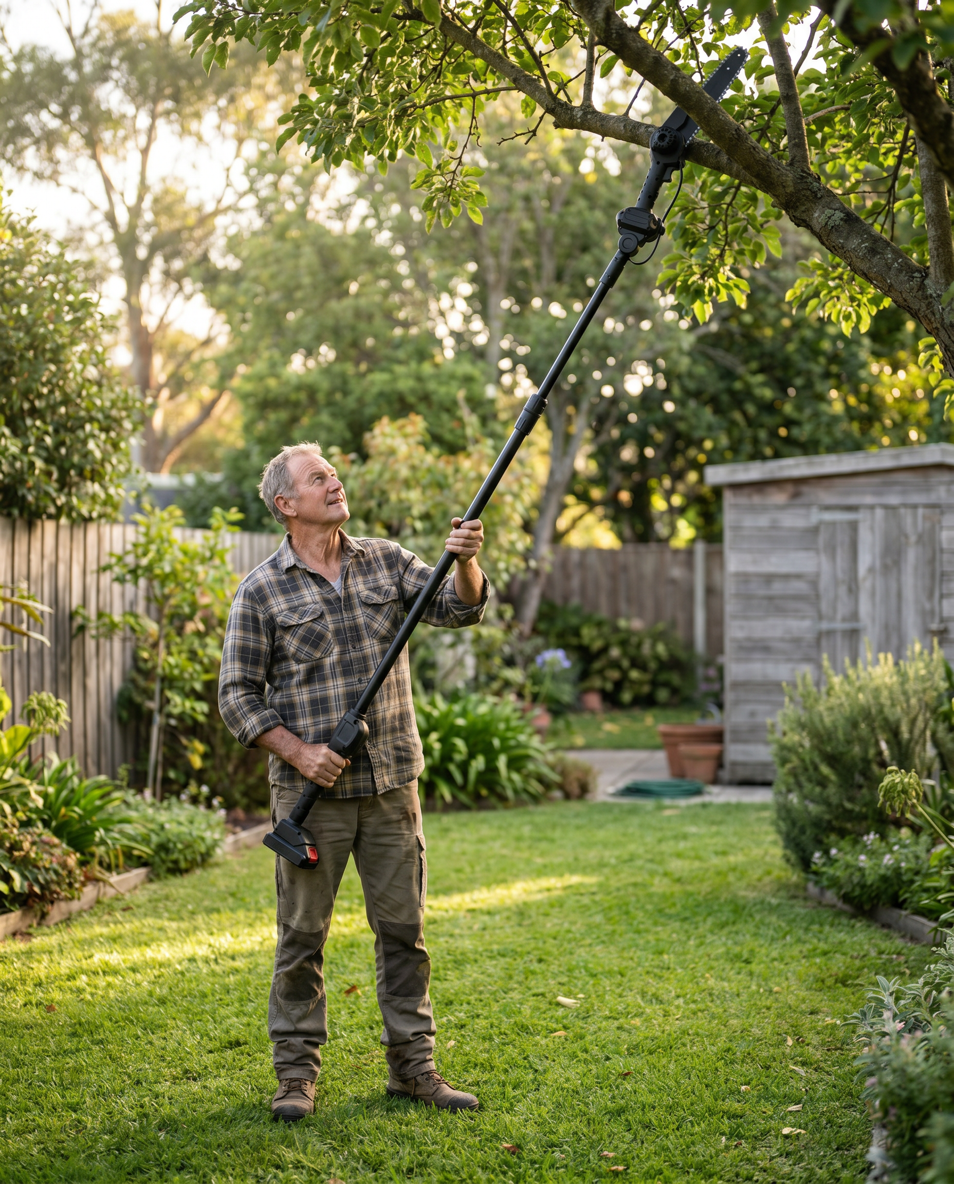 Older Aussie trimming a high branch from the ground with the extendable chainsaw