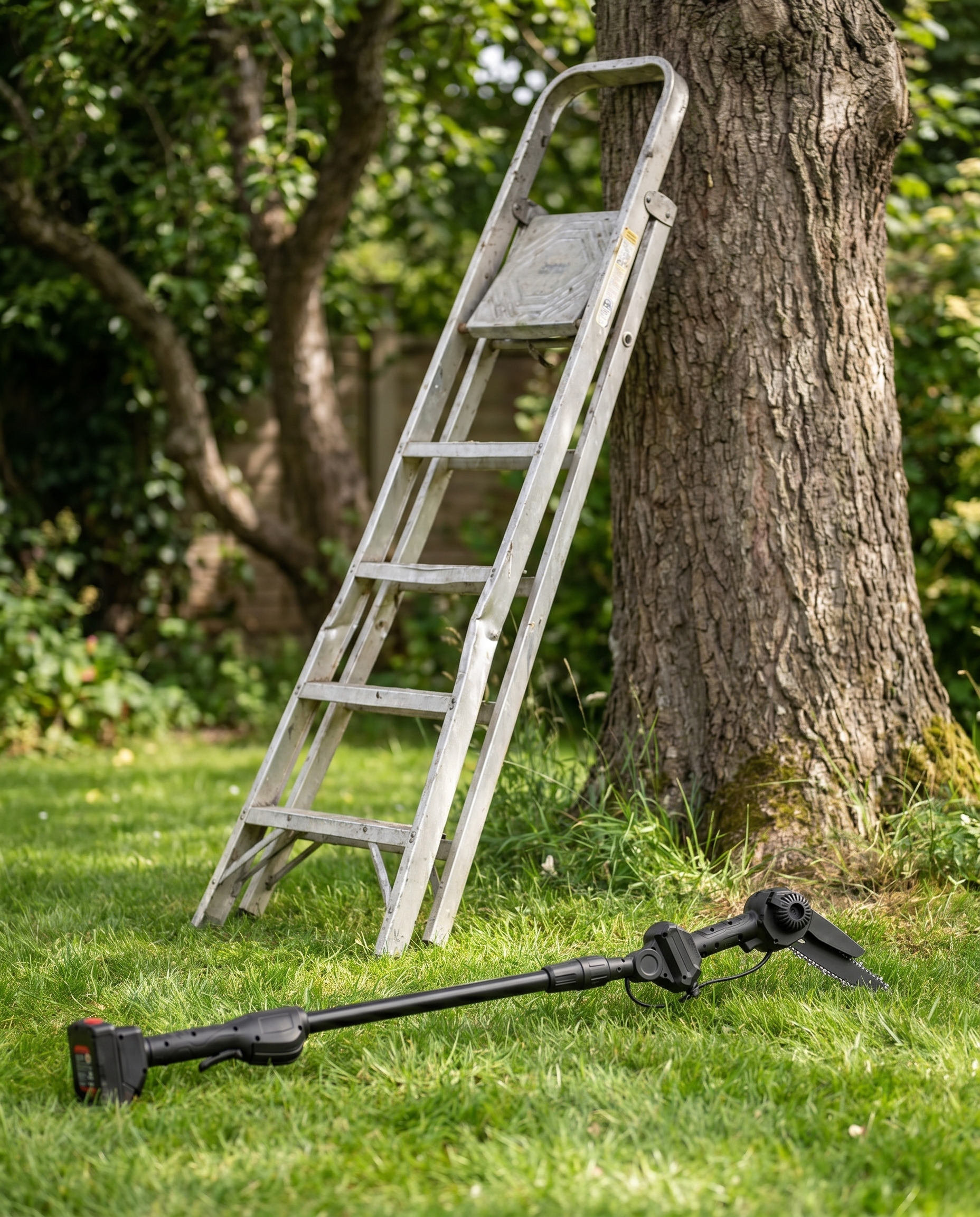 A wobbly ladder against a tree beside the safe ground-based chainsaw