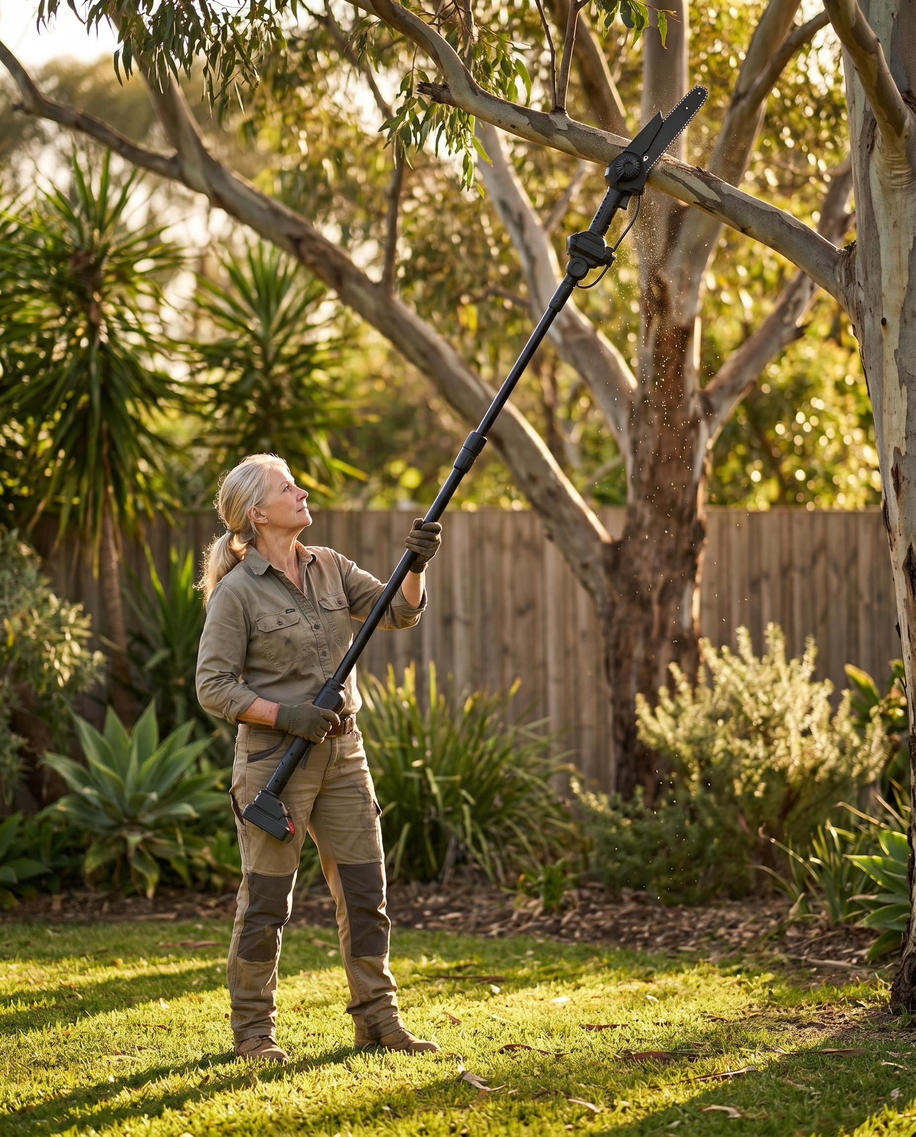 Older woman cutting a high branch with the fully extended pole, feet on the grass