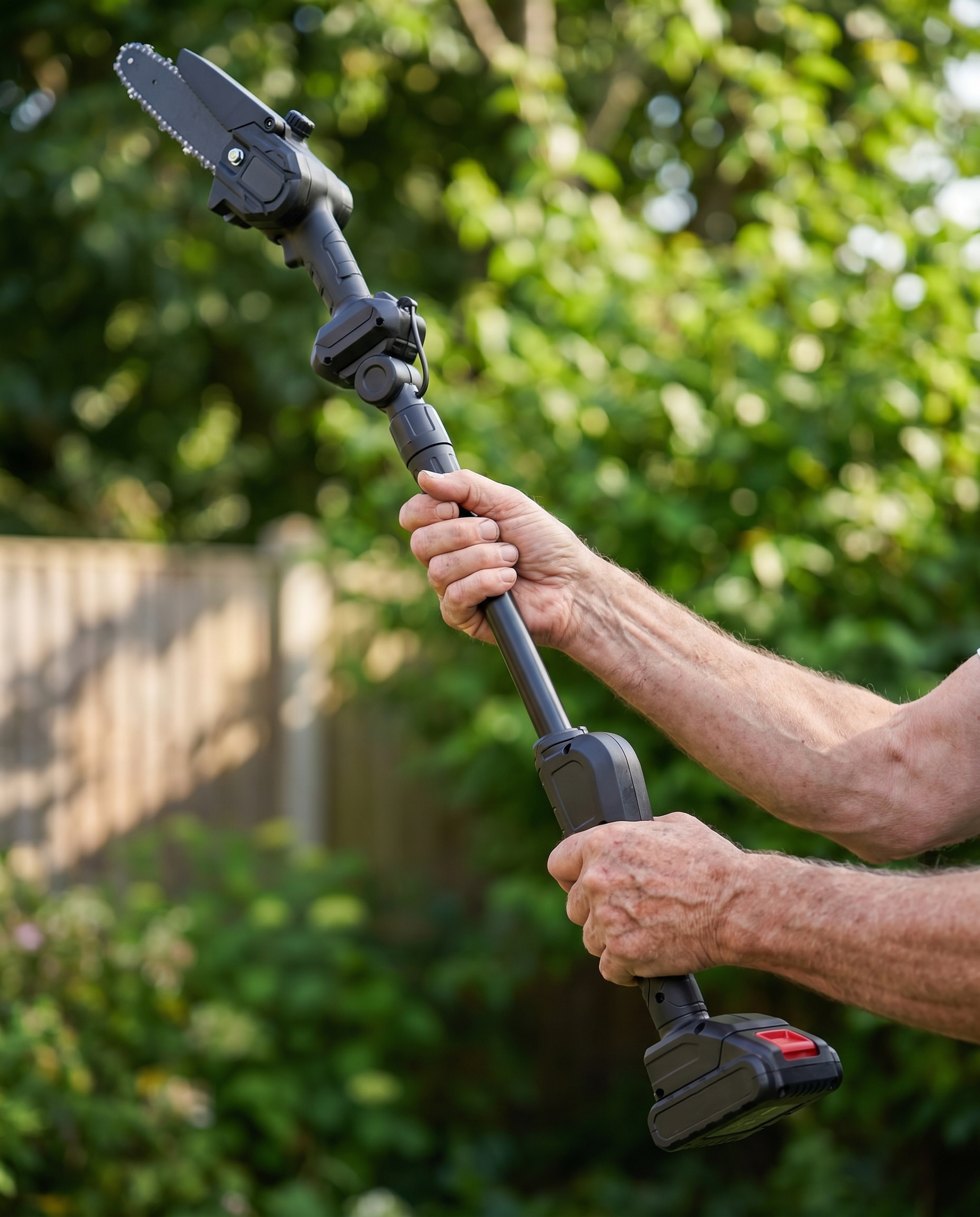 Older hands comfortably holding the lightweight pole saw overhead