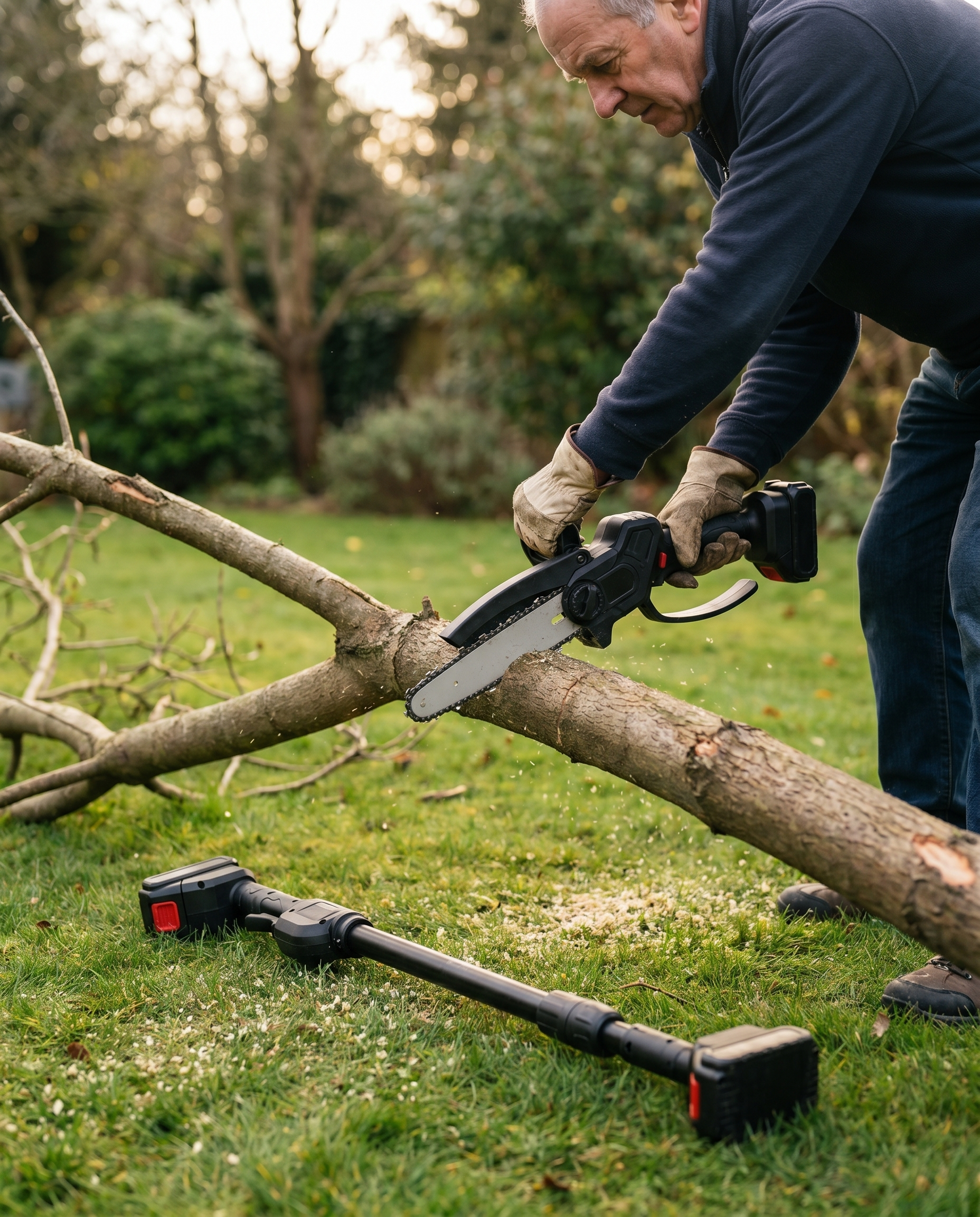 The handheld mini saw detached from the pole, cutting a branch on the ground