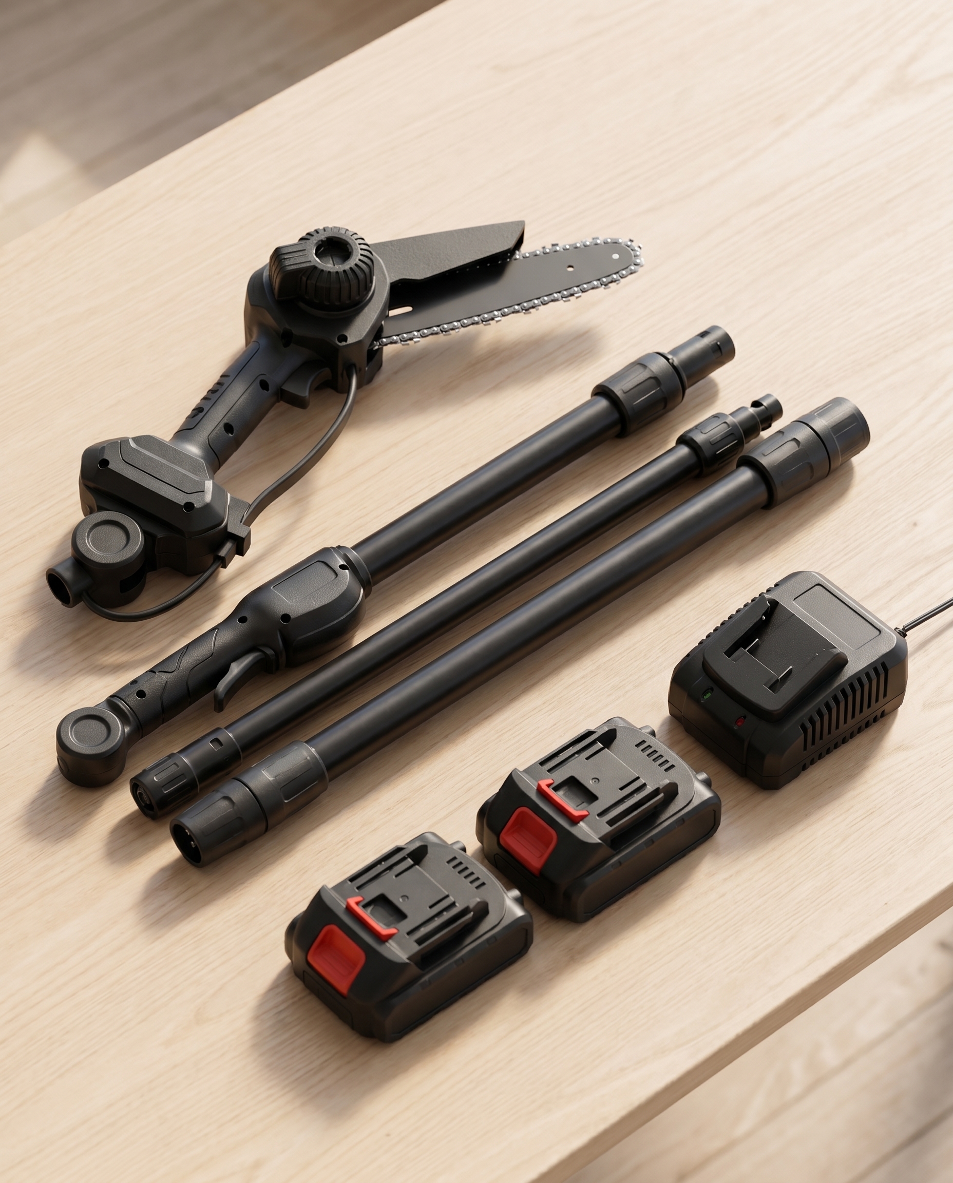 The full kit laid out: saw, telescopic poles, two batteries and charger