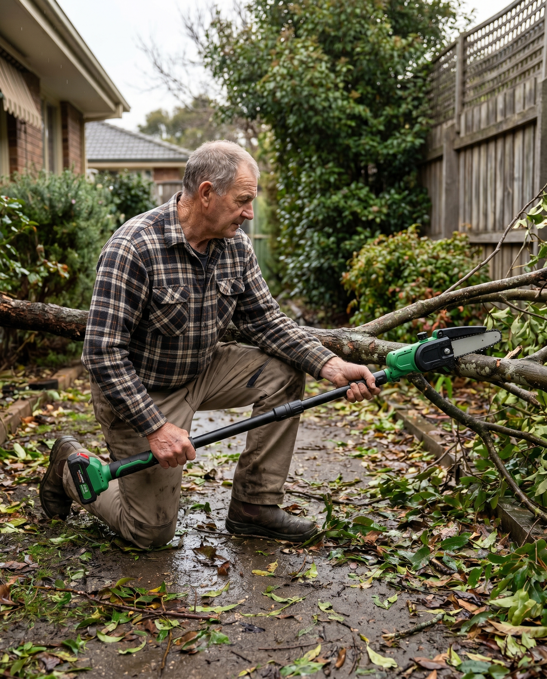 Cutting a storm-fallen branch across a backyard path