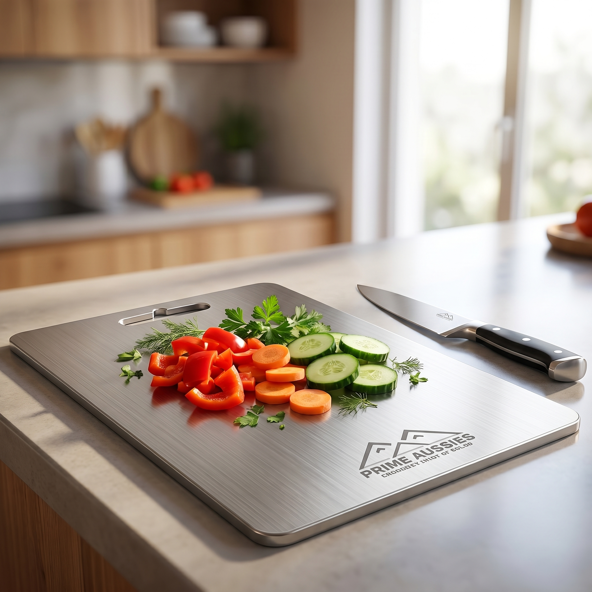 Titanium board with freshly chopped vegetables, no plastic in your food