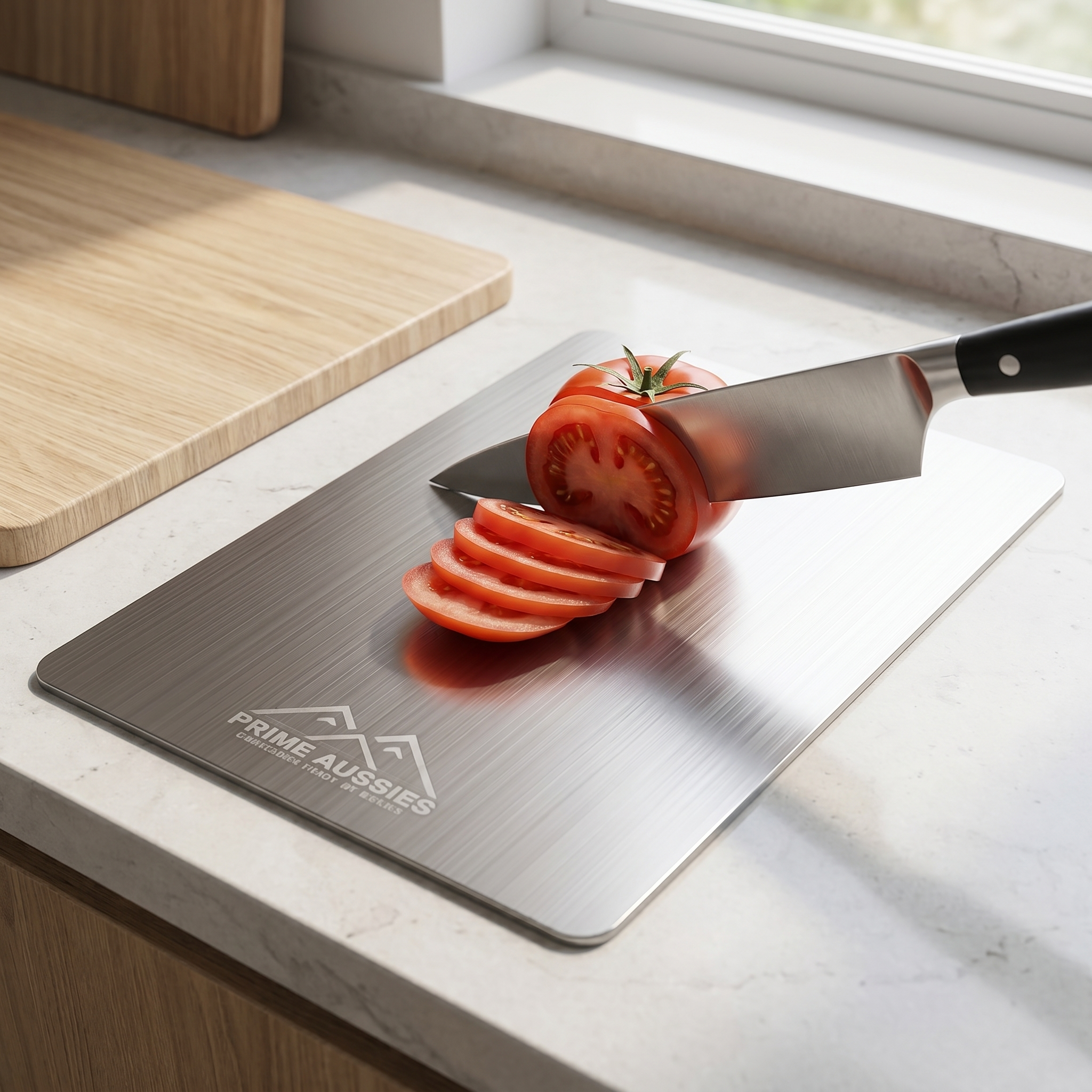 Sharp chef's knife slicing tomato on titanium board, gentle on knives