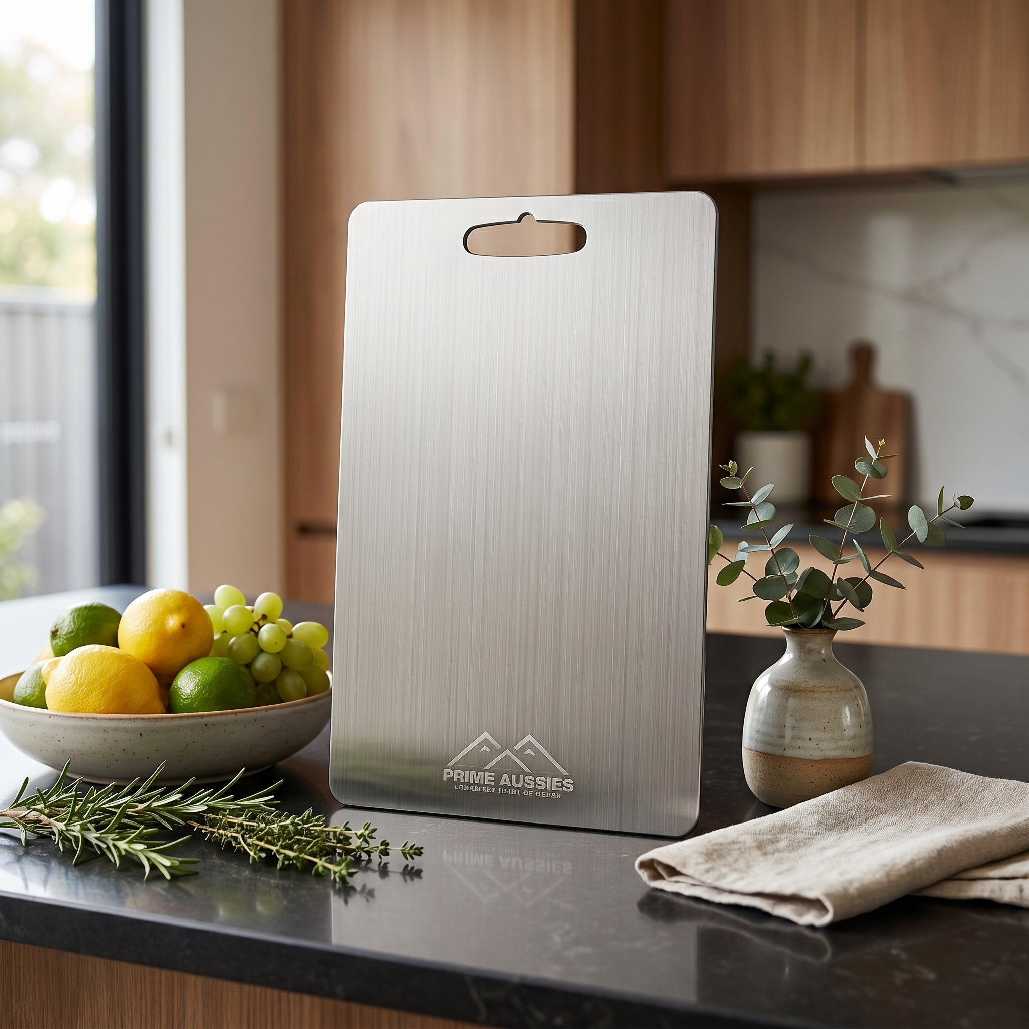 Titanium board styled on a sleek modern Australian kitchen bench
