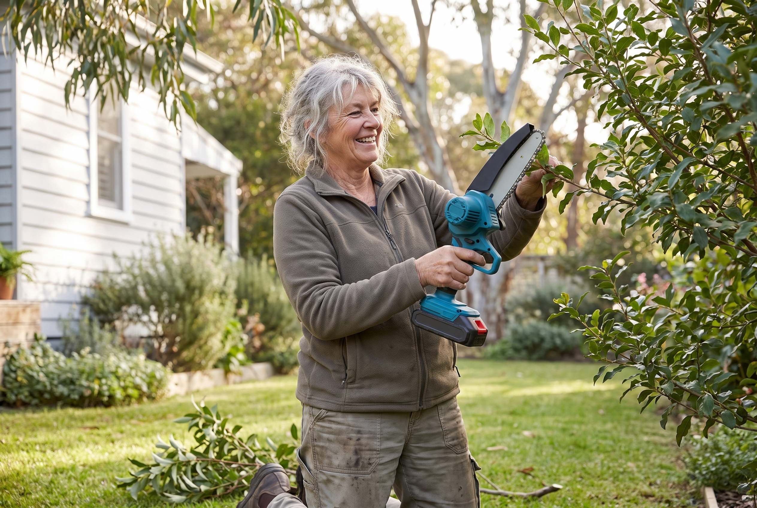 Older Australian woman pruning one-handed with the mini chainsaw