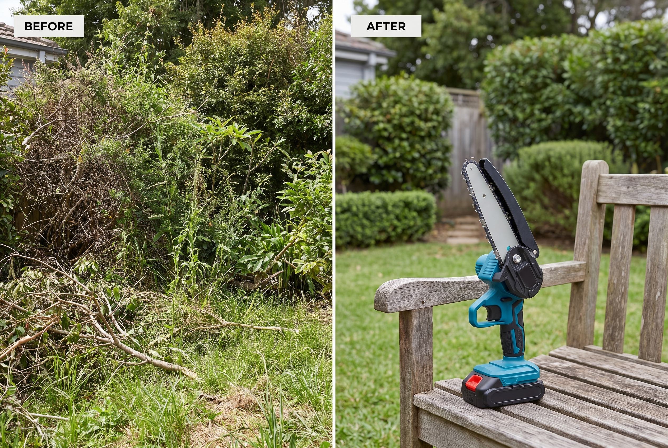 Before and after: an overgrown backyard, then the same yard tidy