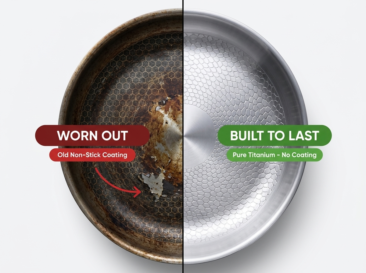 Worn-out non-stick coating vs pure titanium - Prime Aussies Titanium Frying Pan